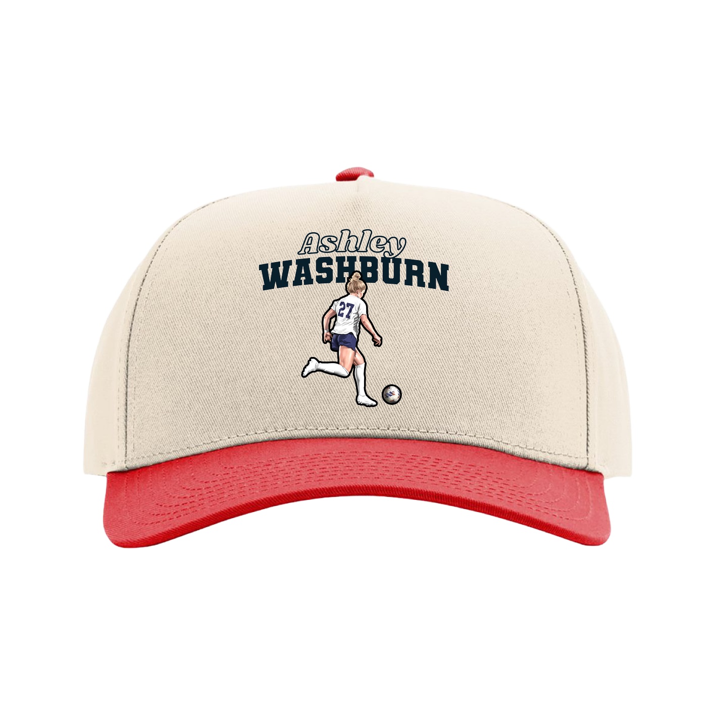 Full Fabric Five-Panel Champ Cap — Name Arch in Cream/Red