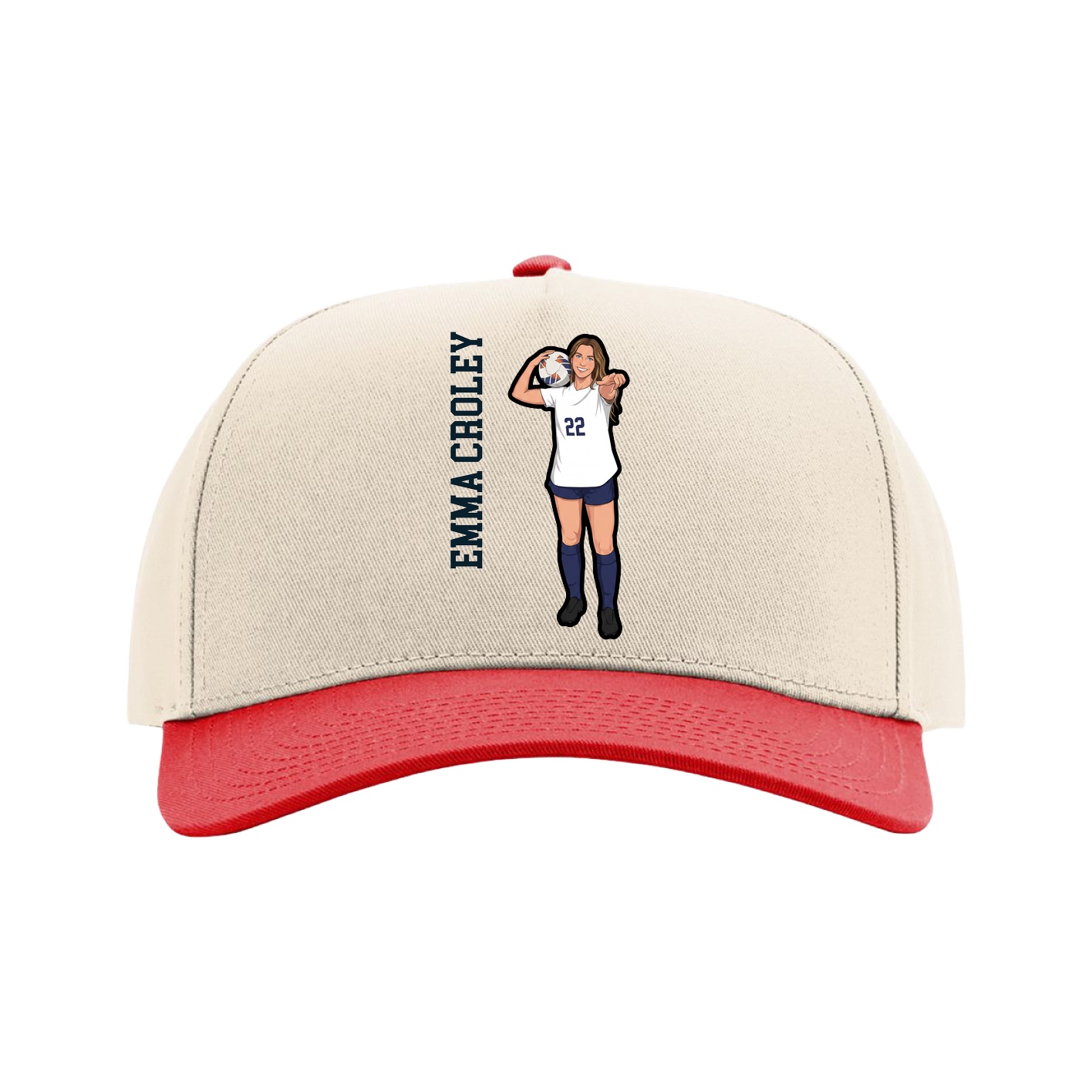 Full Fabric Five-Panel Champ Cap — Name Vertical in Cream/Red