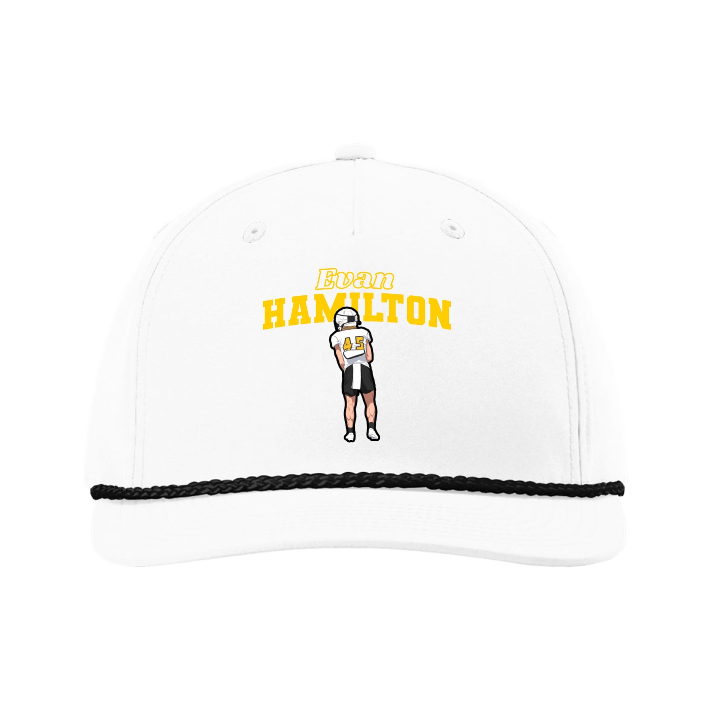 Five-Panel Classic Rope Cap — Name Arch in White