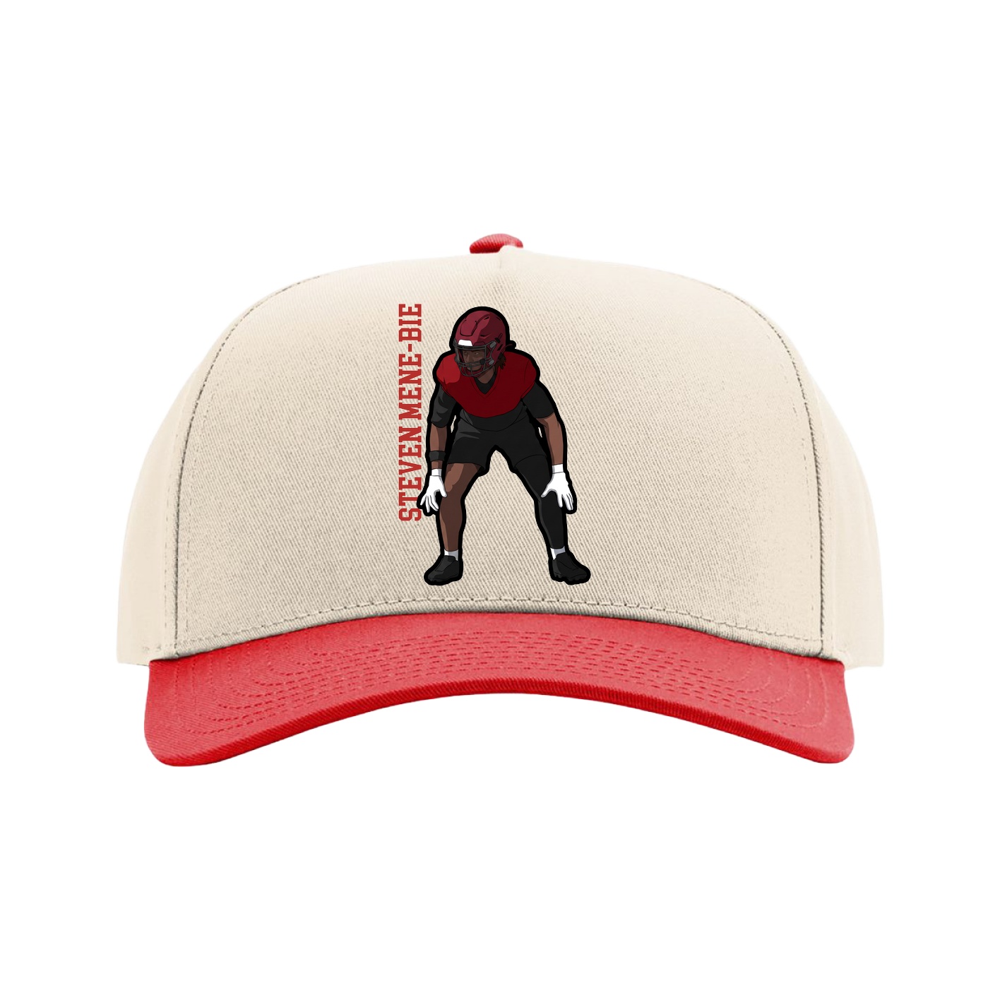 Full Fabric Five-Panel Champ Cap — Name Vertical in Cream/Red
