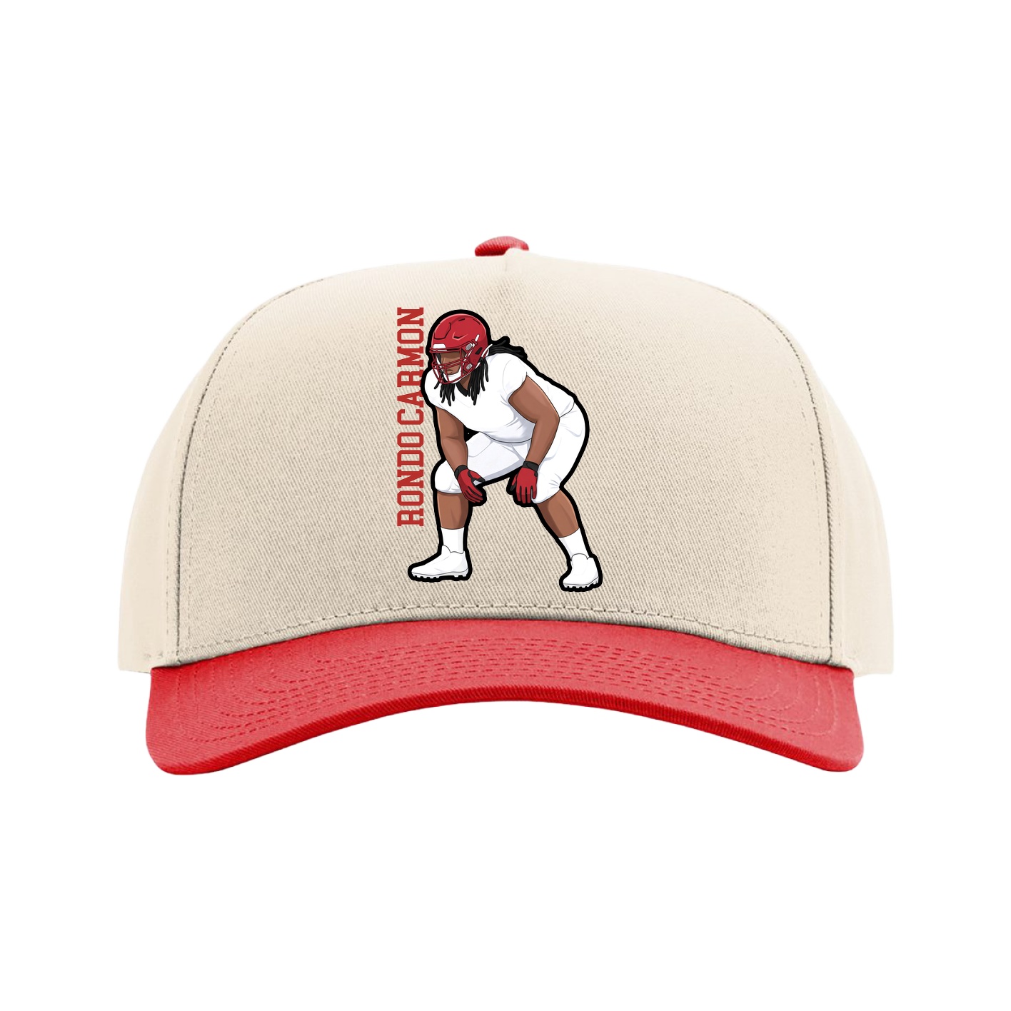 Full Fabric Five-Panel Champ Cap — Name Vertical in Cream/Red