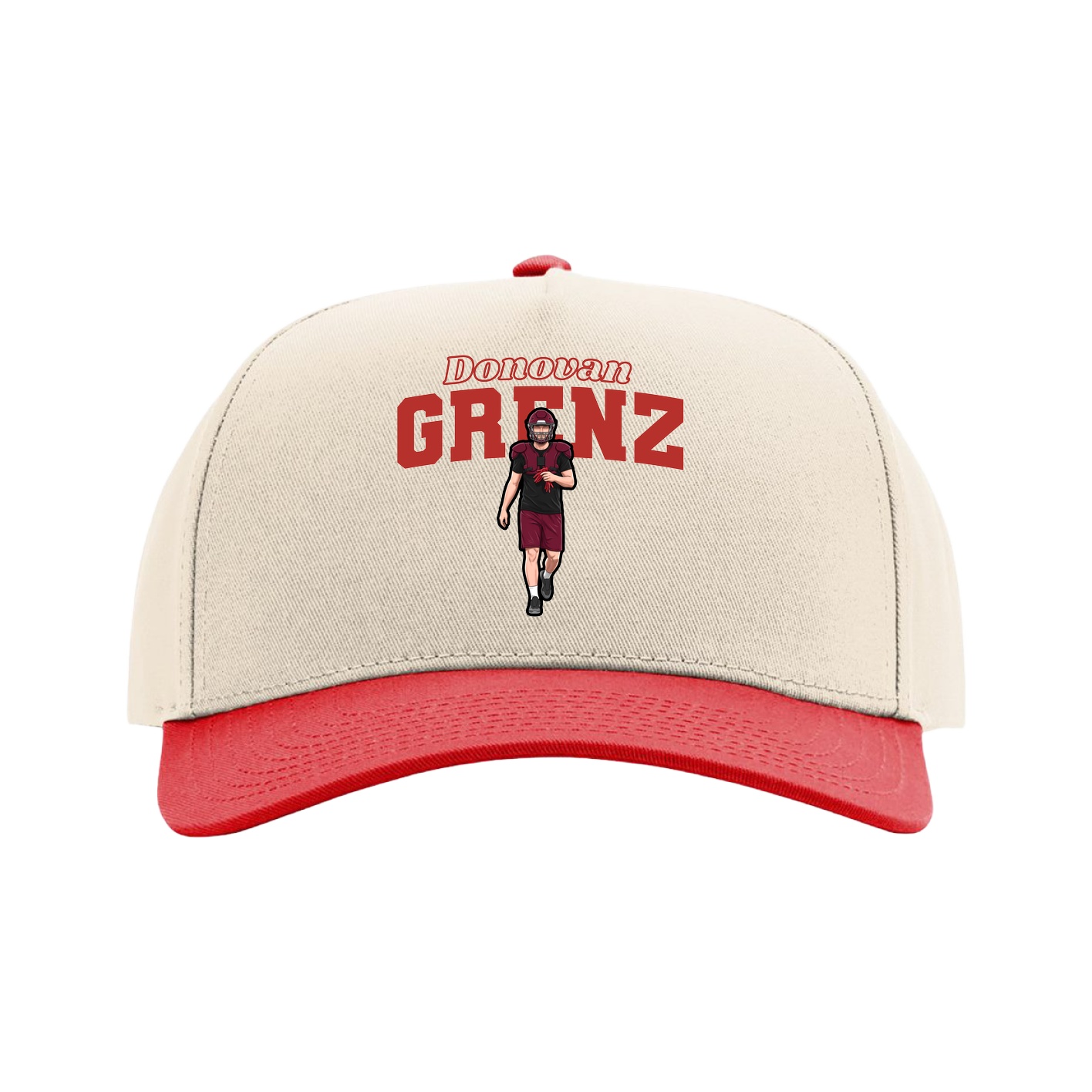 Full Fabric Five-Panel Champ Cap — Name Arch in Cream/Red