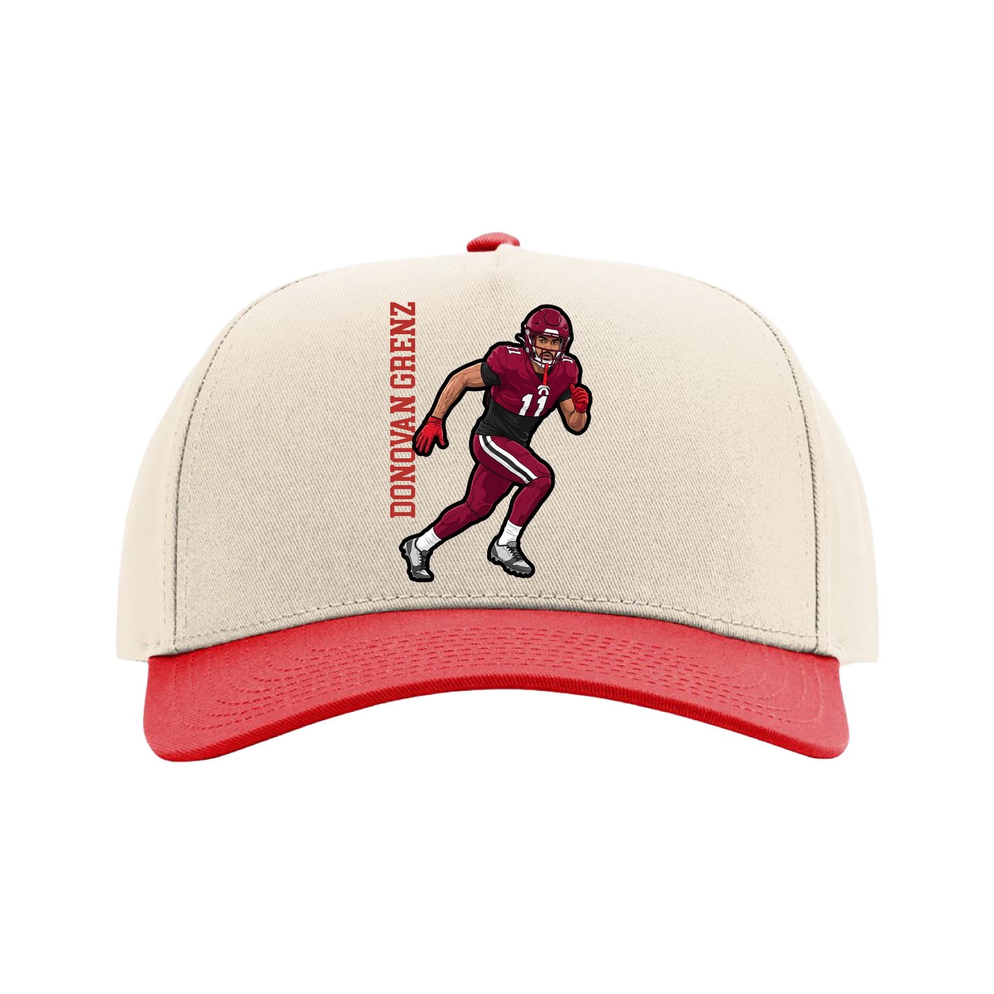 Full Fabric Five-Panel Champ Cap — Name Vertical in Cream/Red