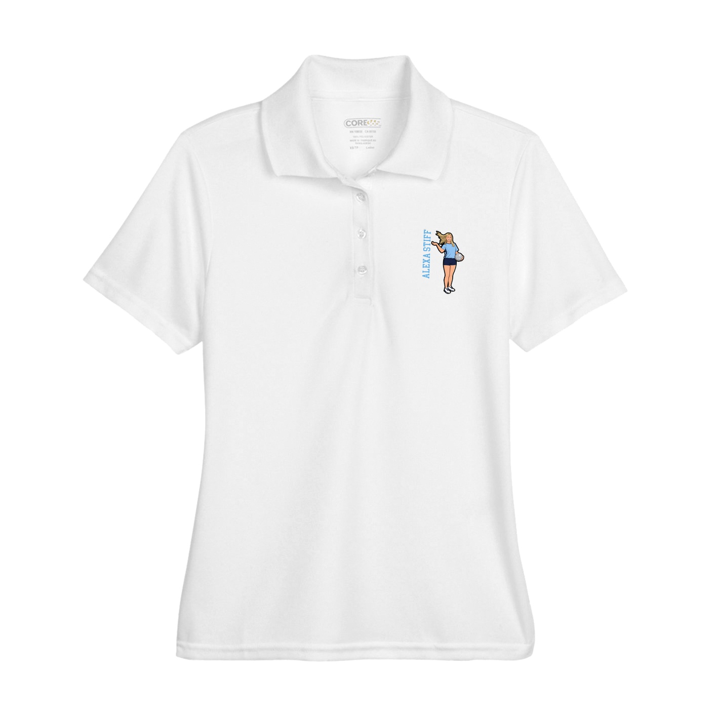 Womens Performance Polo — Name Vertical in White