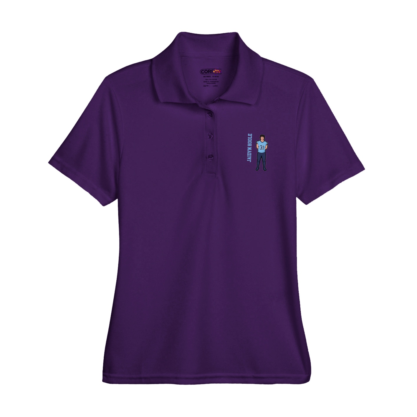 Womens Performance Polo — Name Vertical in Purple