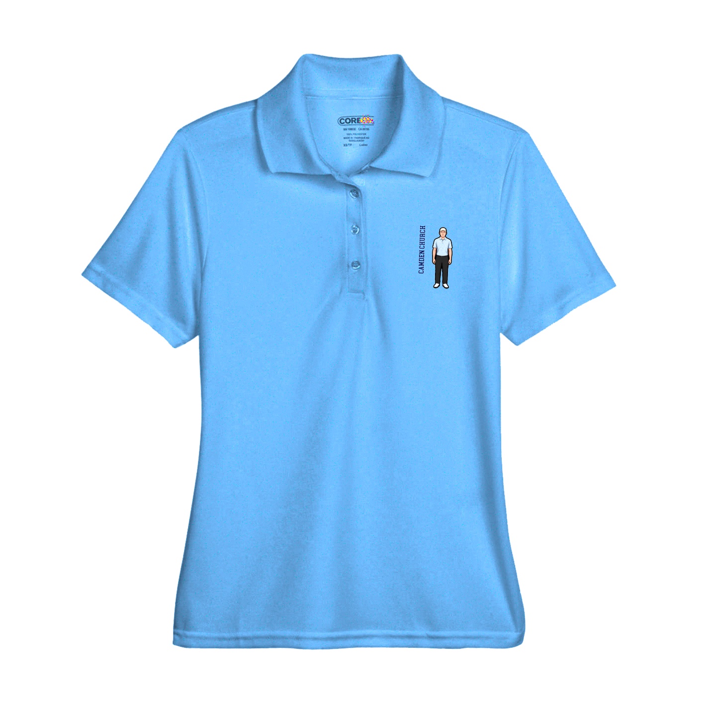 Womens Performance Polo — Name Vertical in Light Blue