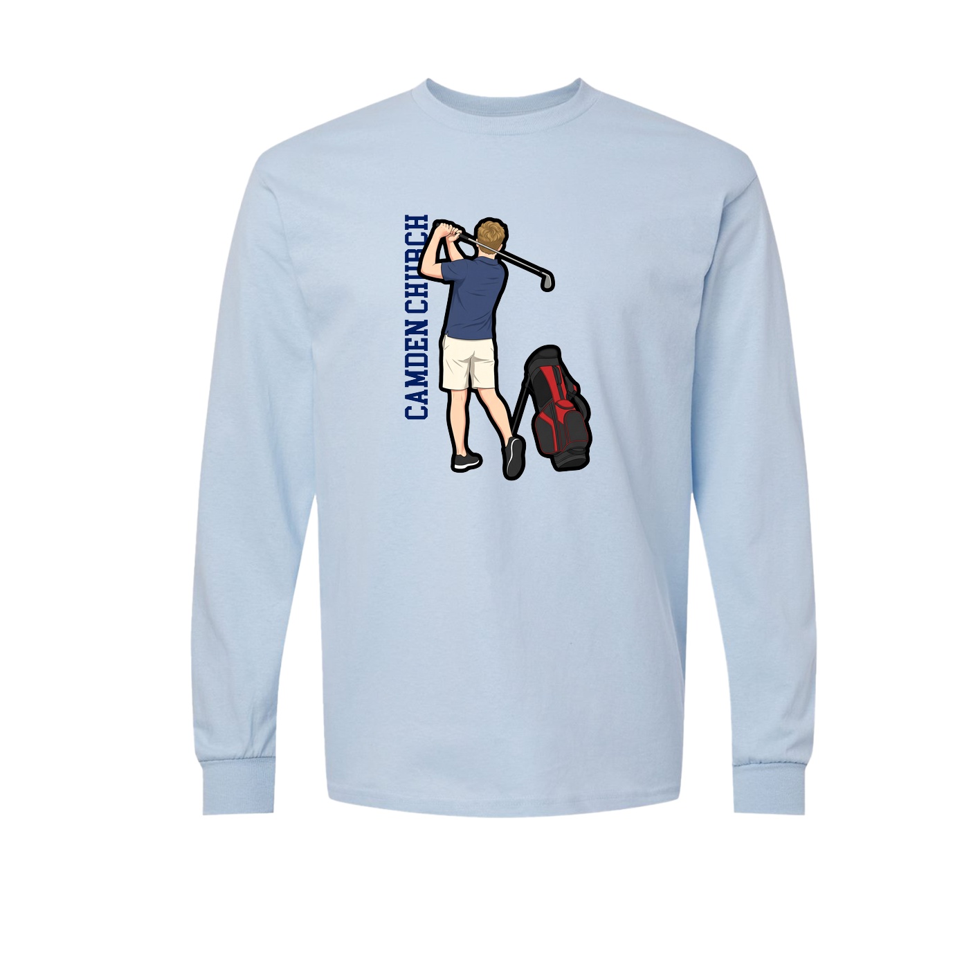 Long Sleeve Tee — Name Vertical in Light Blue