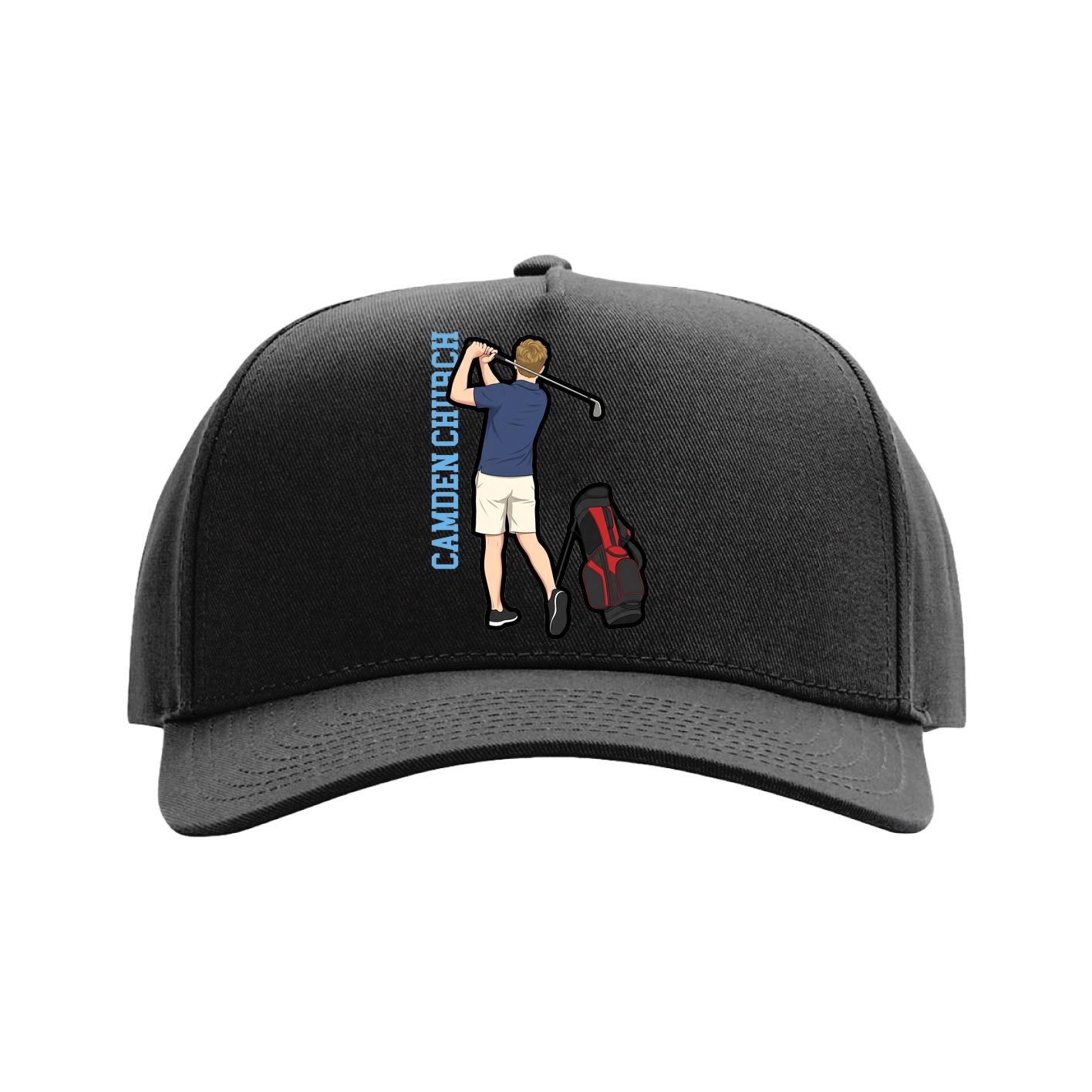 Full Fabric Five-Panel Champ Cap — Name Vertical in Black