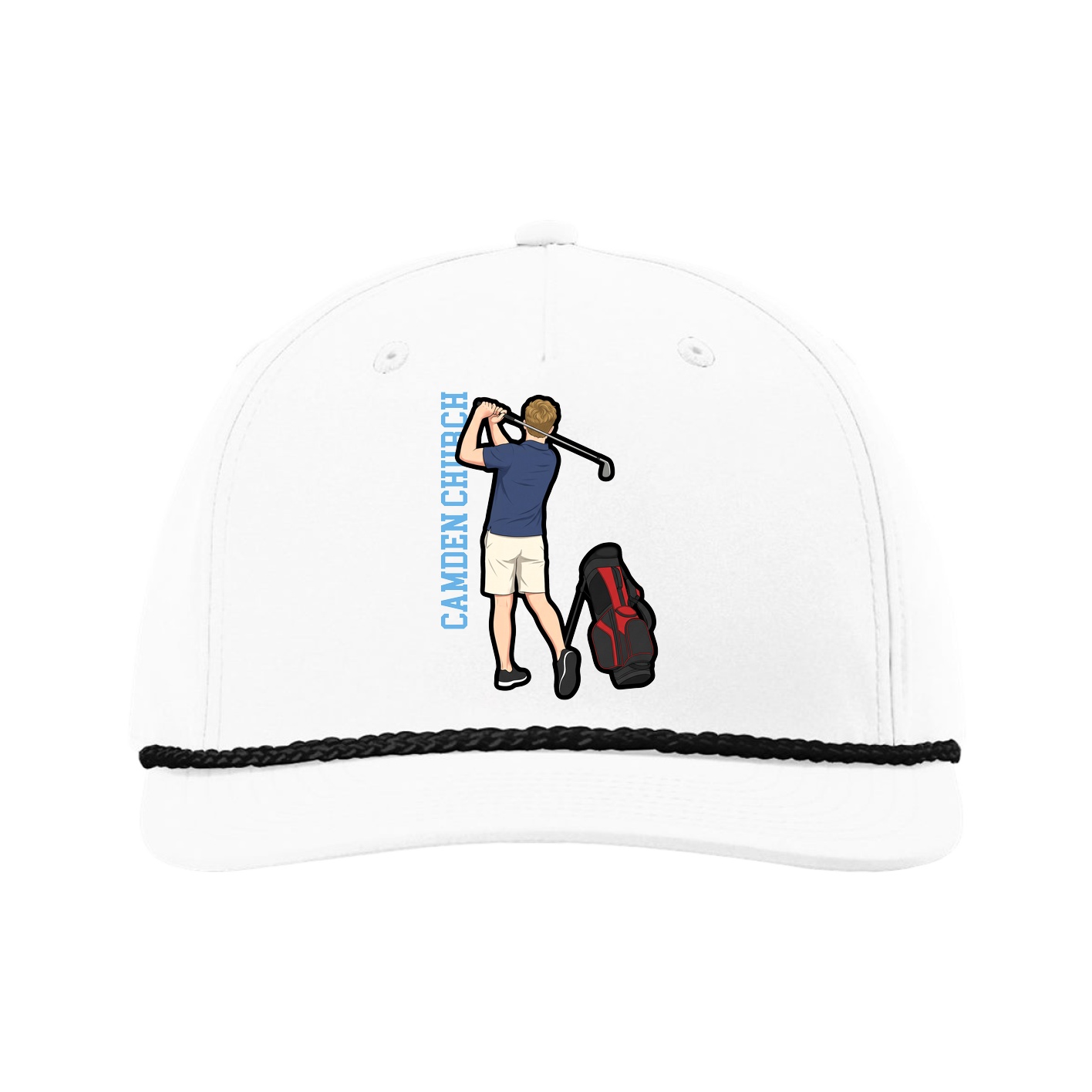Five-Panel Classic Rope Cap — Name Vertical in White