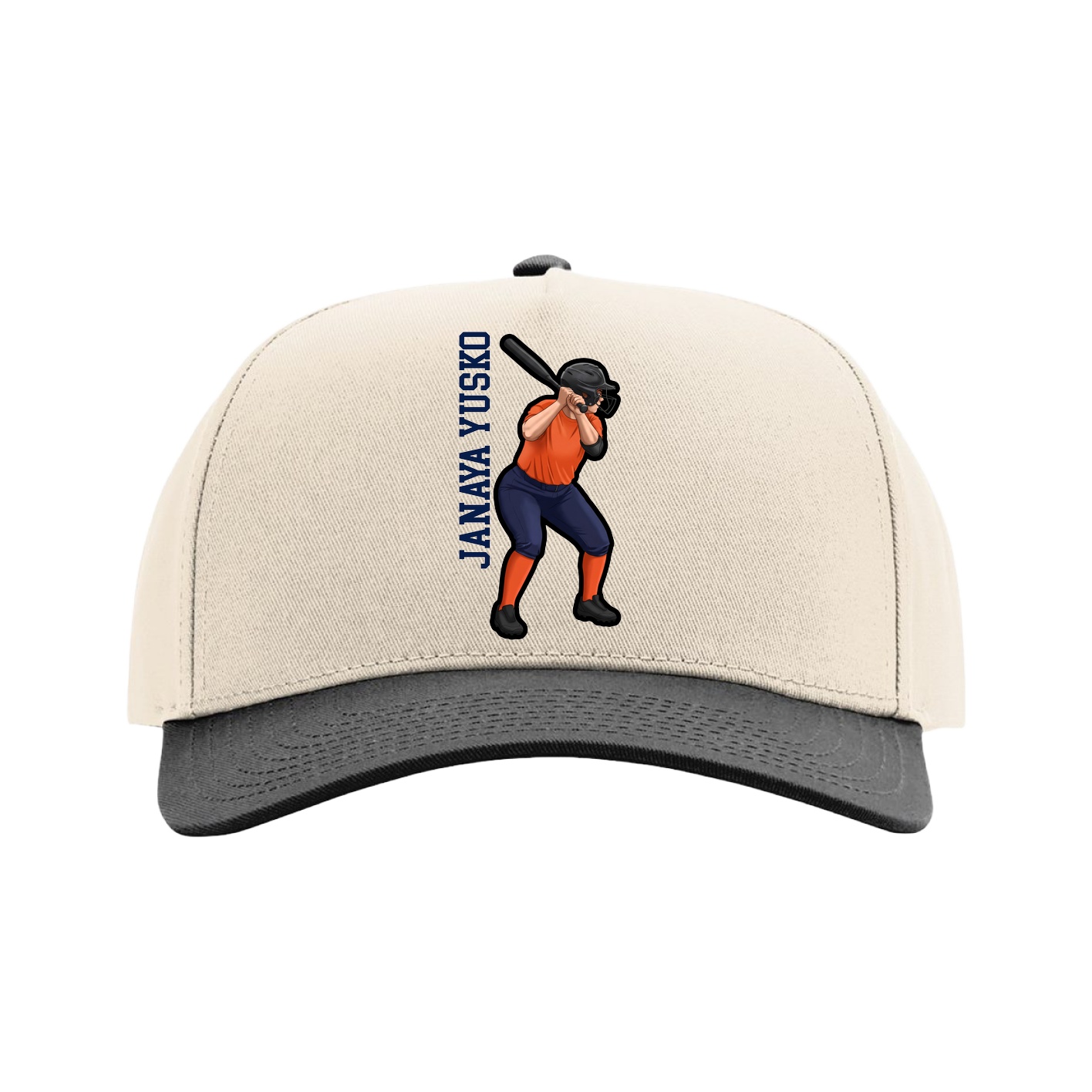 Full Fabric Five-Panel Champ Cap — Name Vertical in Cream/Black