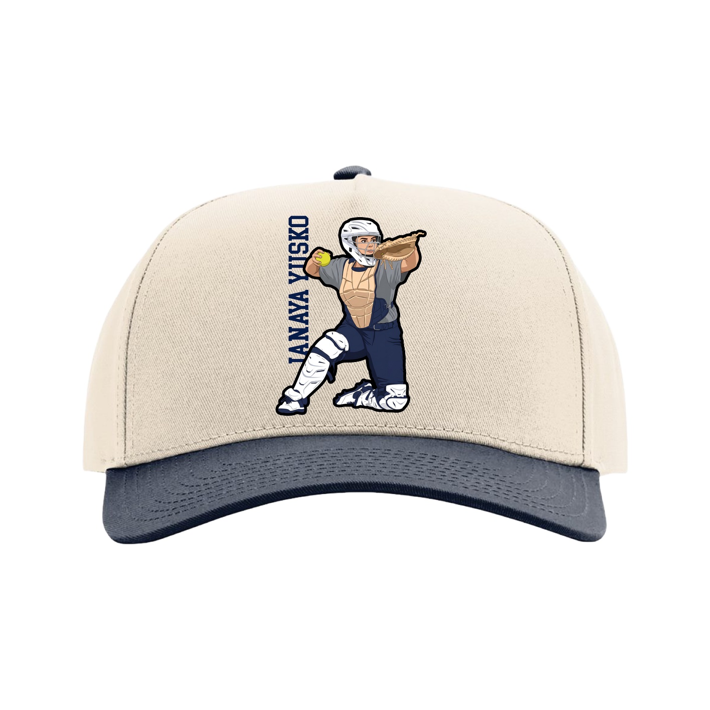 Full Fabric Five-Panel Champ Cap — Name Vertical in Cream/Navy