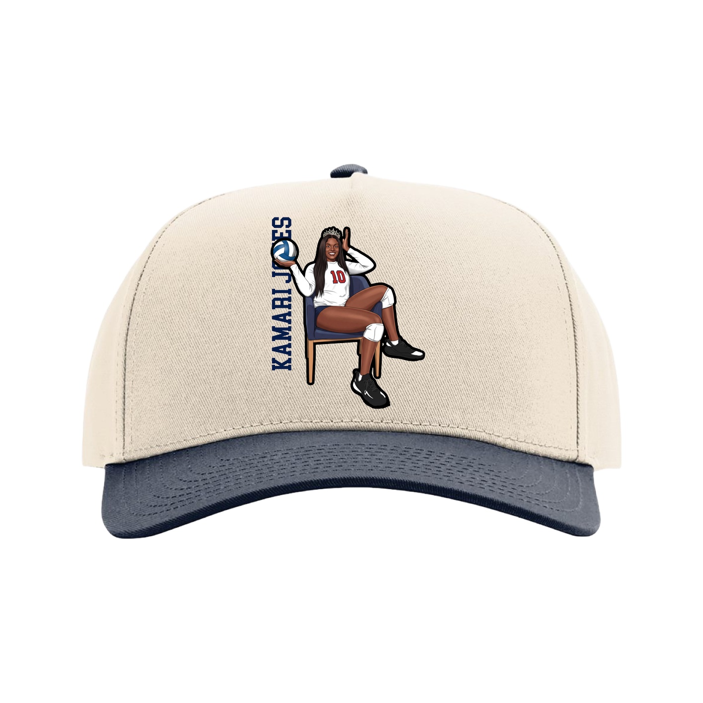 Full Fabric Five-Panel Champ Cap — Name Vertical in Cream/Navy