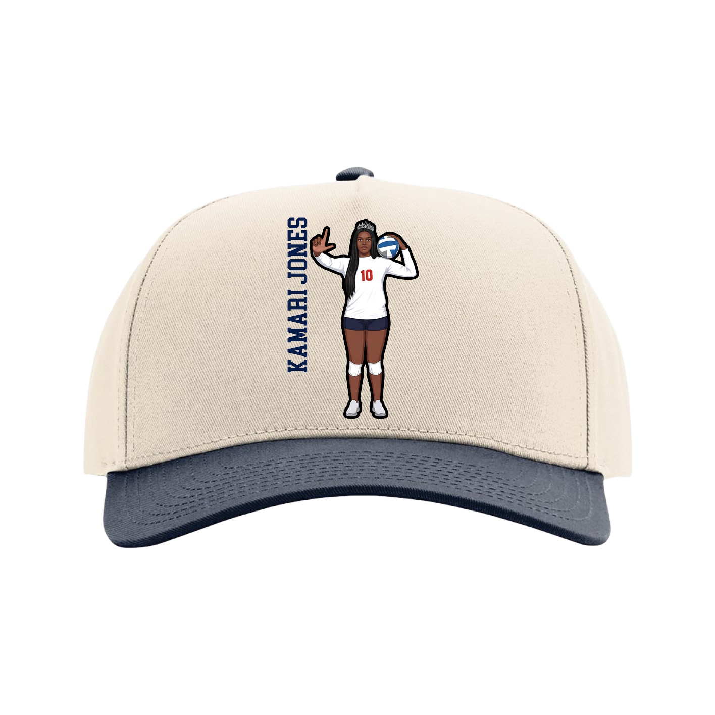 Full Fabric Five-Panel Champ Cap — Name Vertical in Cream/Navy