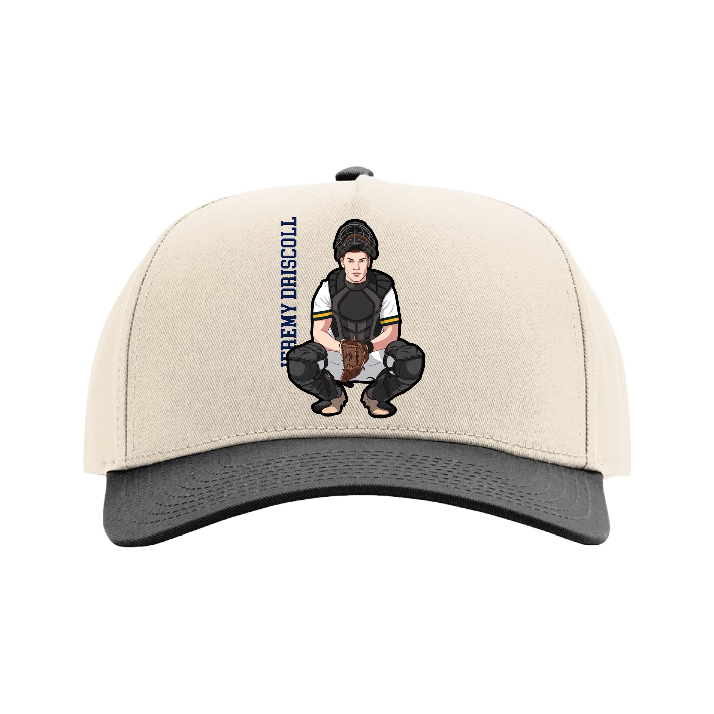 Full Fabric Five-Panel Champ Cap — Name Vertical in Cream/Black