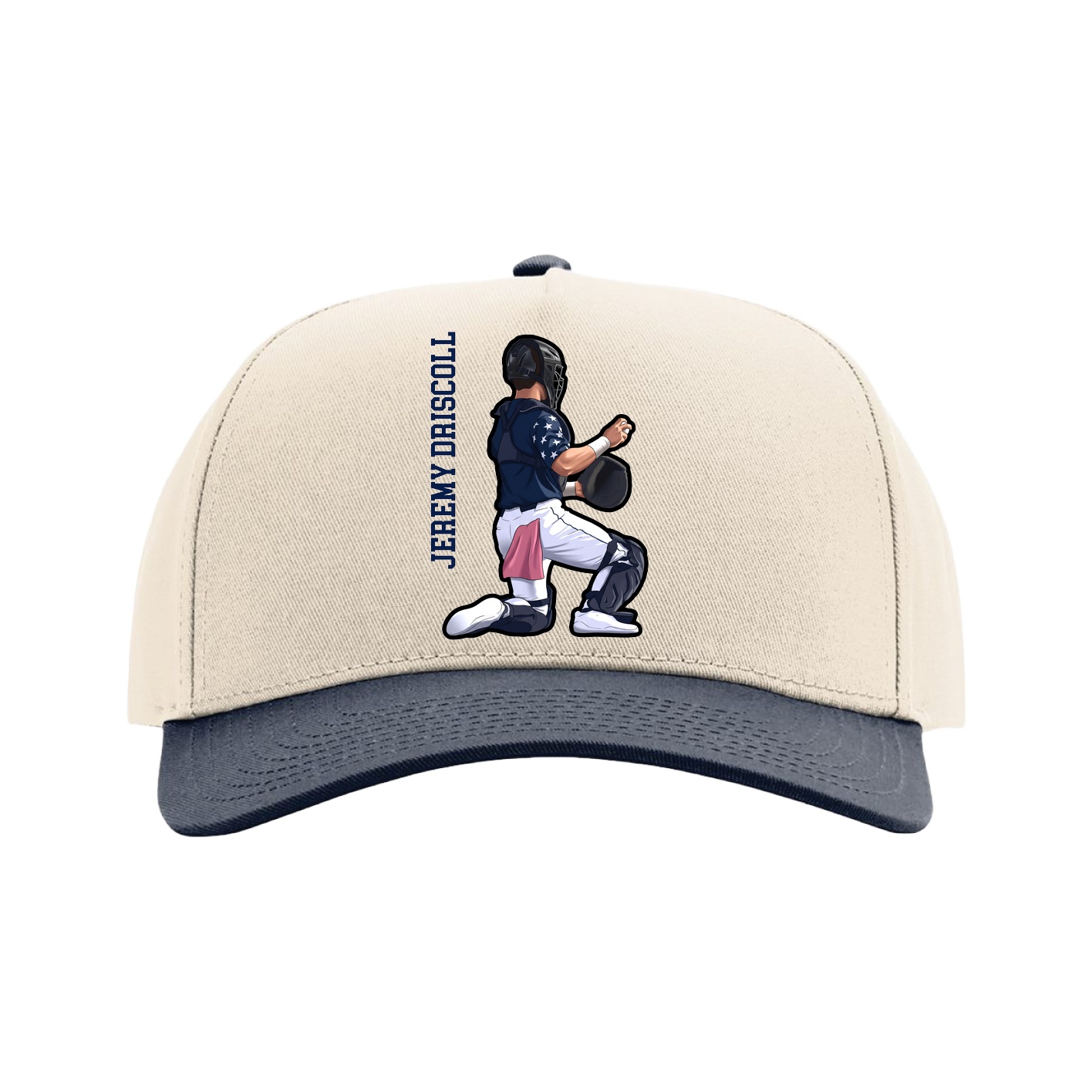Full Fabric Five-Panel Champ Cap — Name Vertical in Cream/Navy