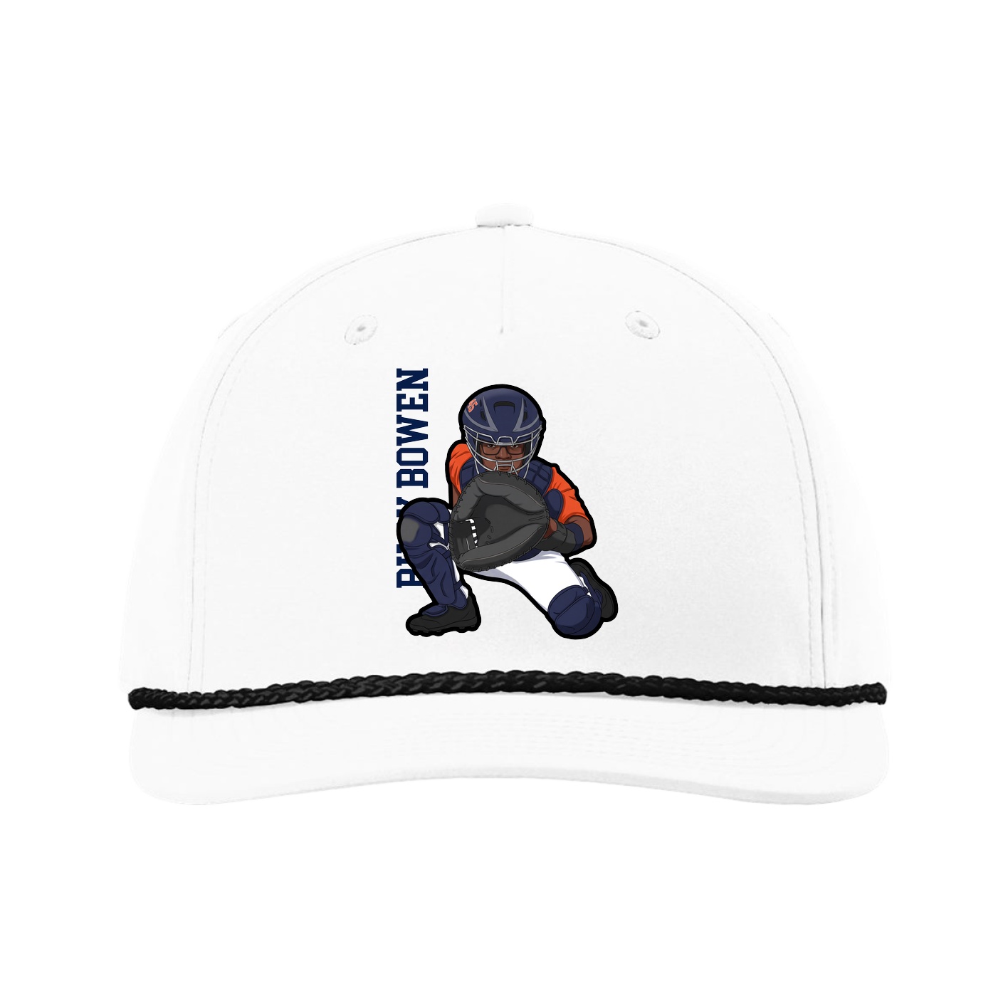 Five-Panel Classic Rope Cap — Name Vertical in White