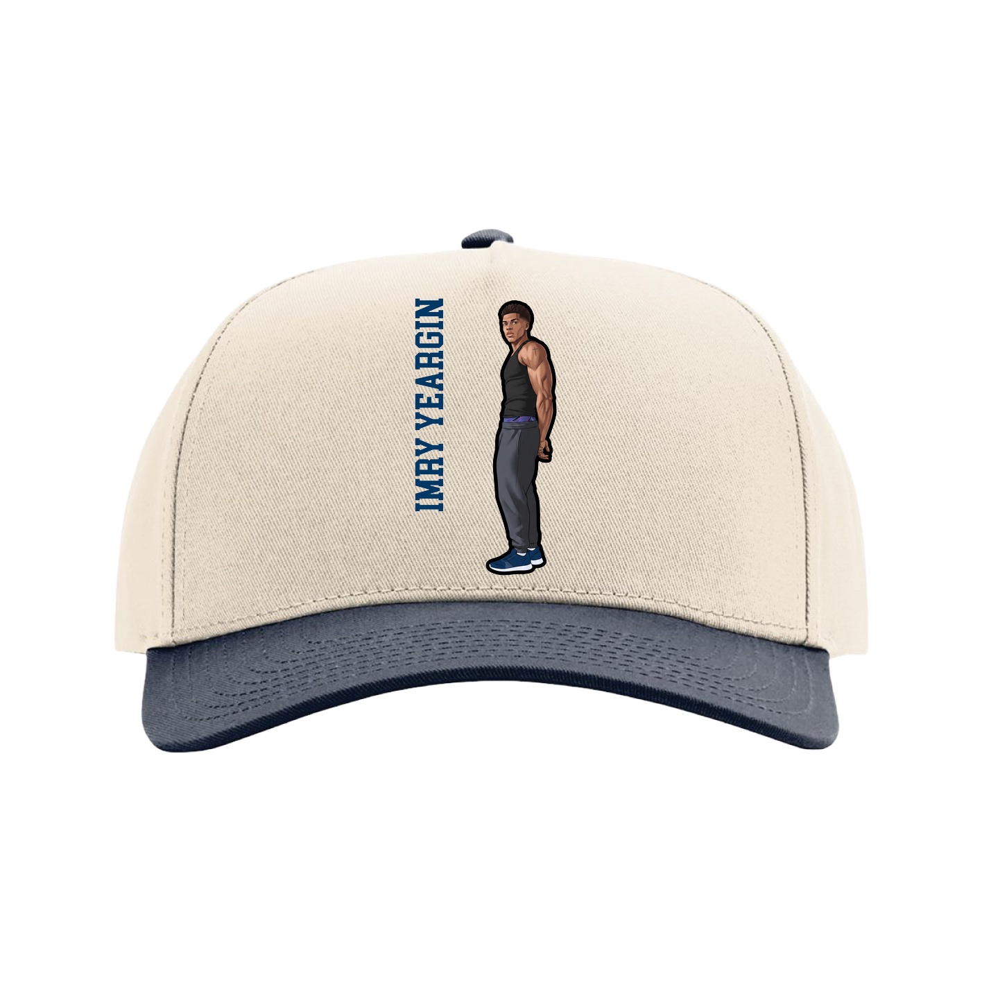 Full Fabric Five-Panel Champ Cap — Name Vertical in Cream/Navy