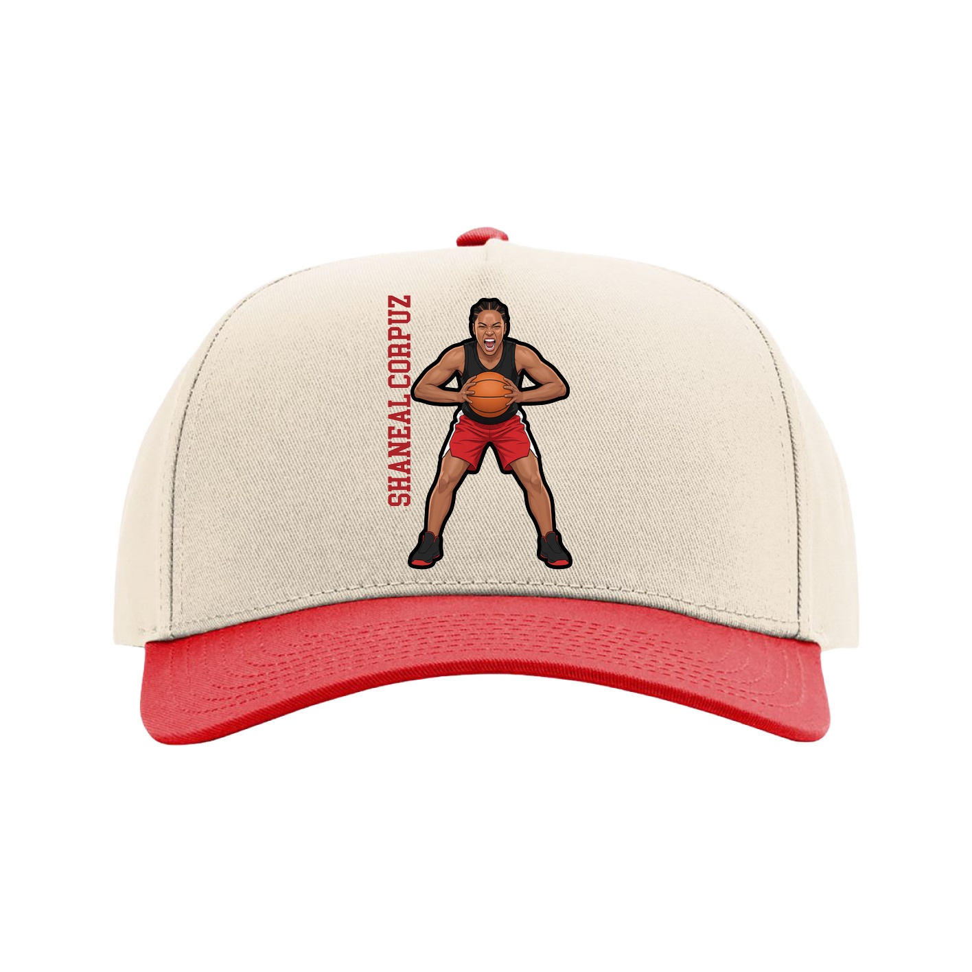 Full Fabric Five-Panel Champ Cap — Name Vertical in Cream/Red