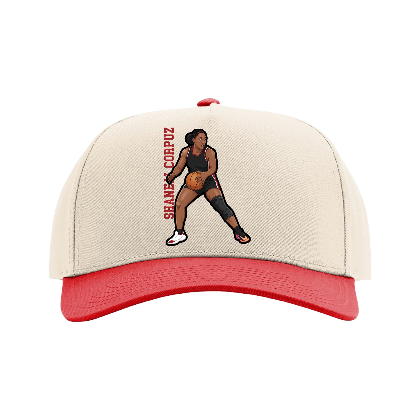Full Fabric Five-Panel Champ Cap — Name Vertical in Cream/Red