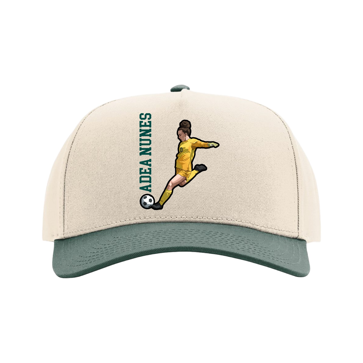 Full Fabric Five-Panel Champ Cap — Name Vertical in Cream/Green