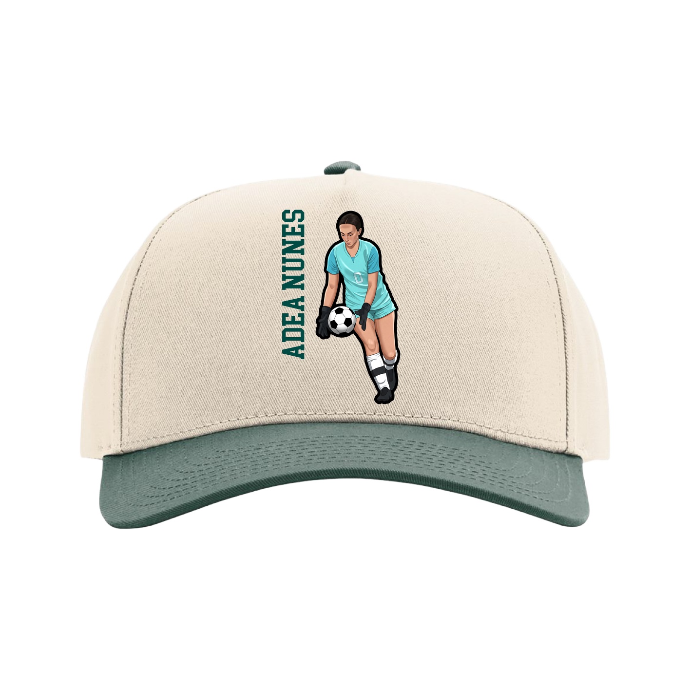 Full Fabric Five-Panel Champ Cap — Name Vertical in Cream/Green