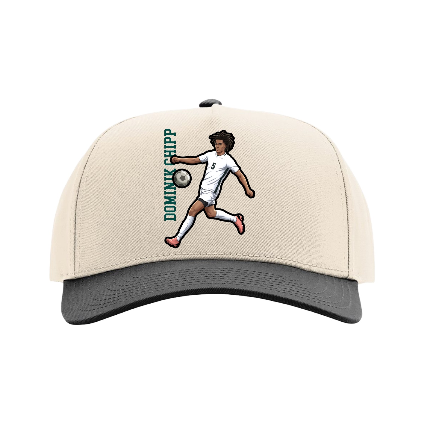 Full Fabric Five-Panel Champ Cap — Name Vertical in Cream/Black