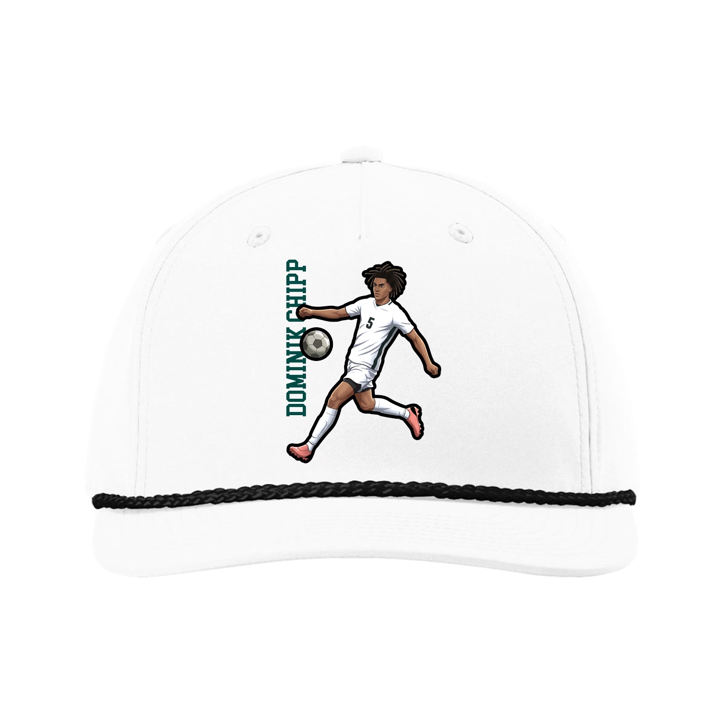 Five-Panel Classic Rope Cap — Name Vertical in White