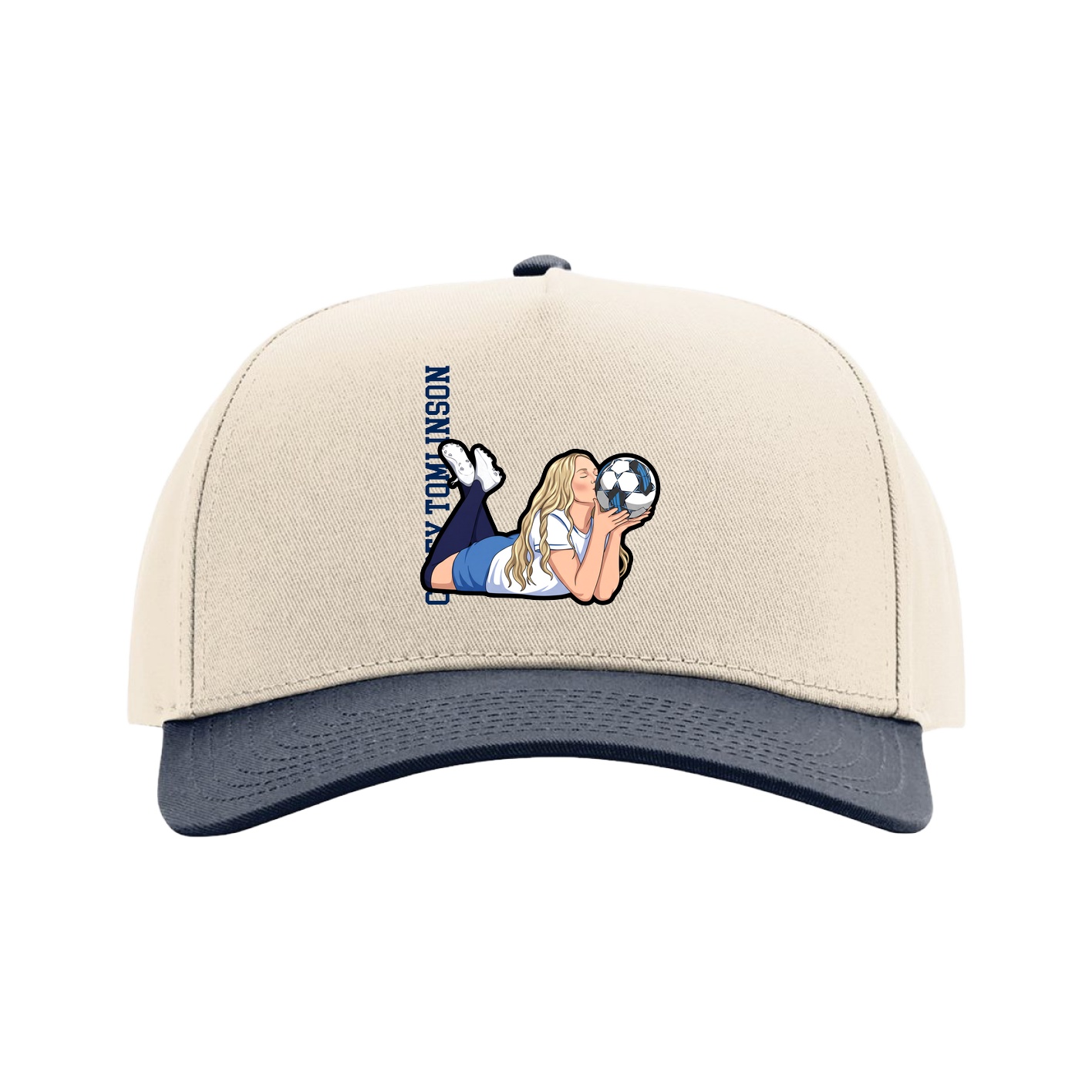 Full Fabric Five-Panel Champ Cap — Name Vertical in Cream/Navy