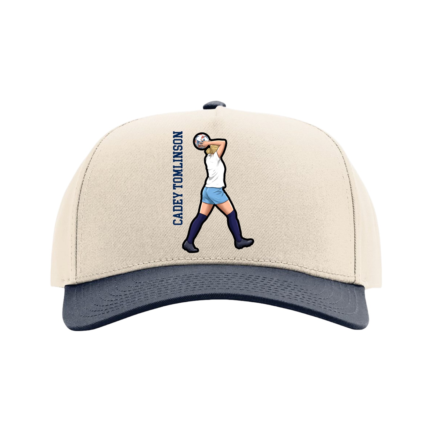 Full Fabric Five-Panel Champ Cap — Name Vertical in Cream/Navy