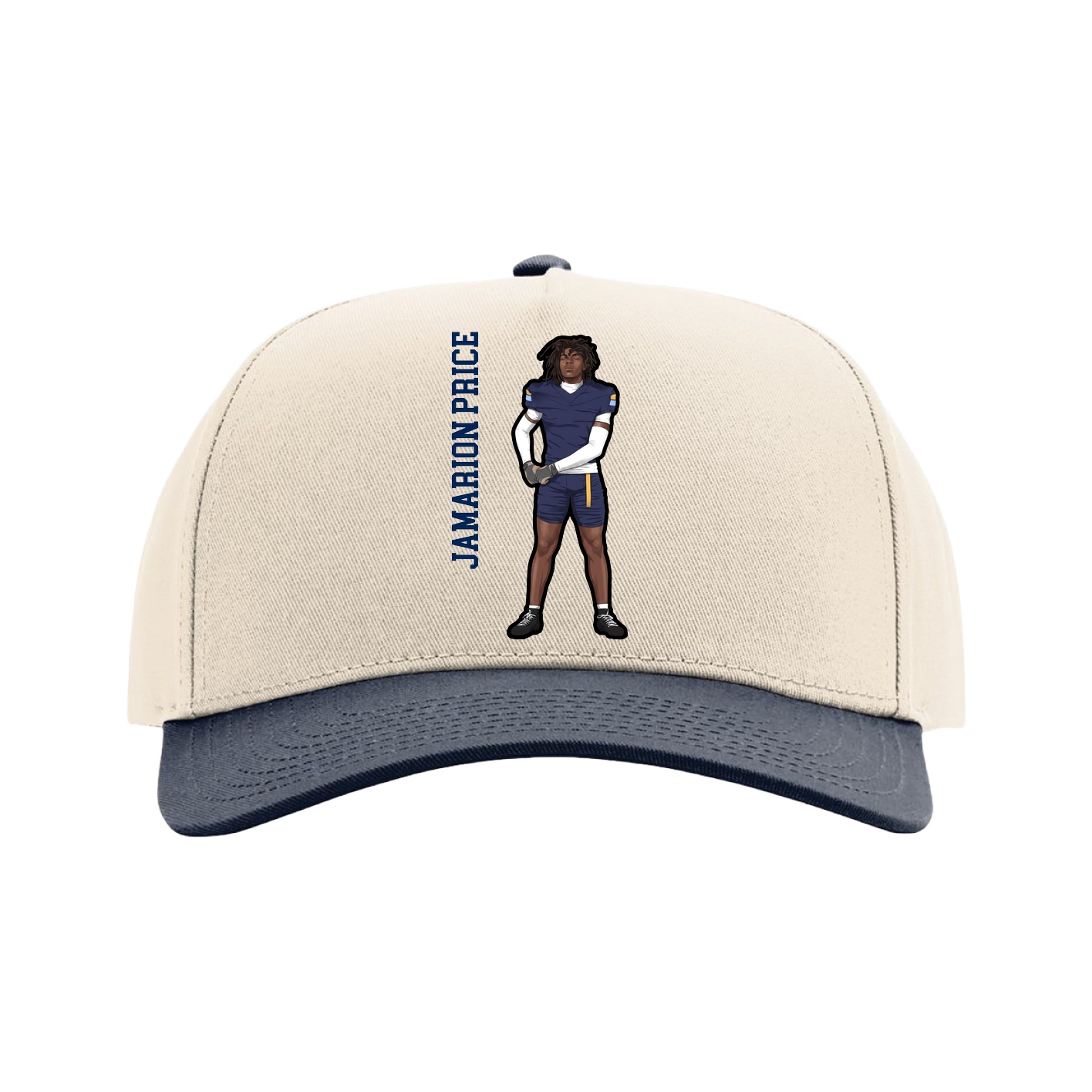 Full Fabric Five-Panel Champ Cap — Name Vertical in Cream/Navy