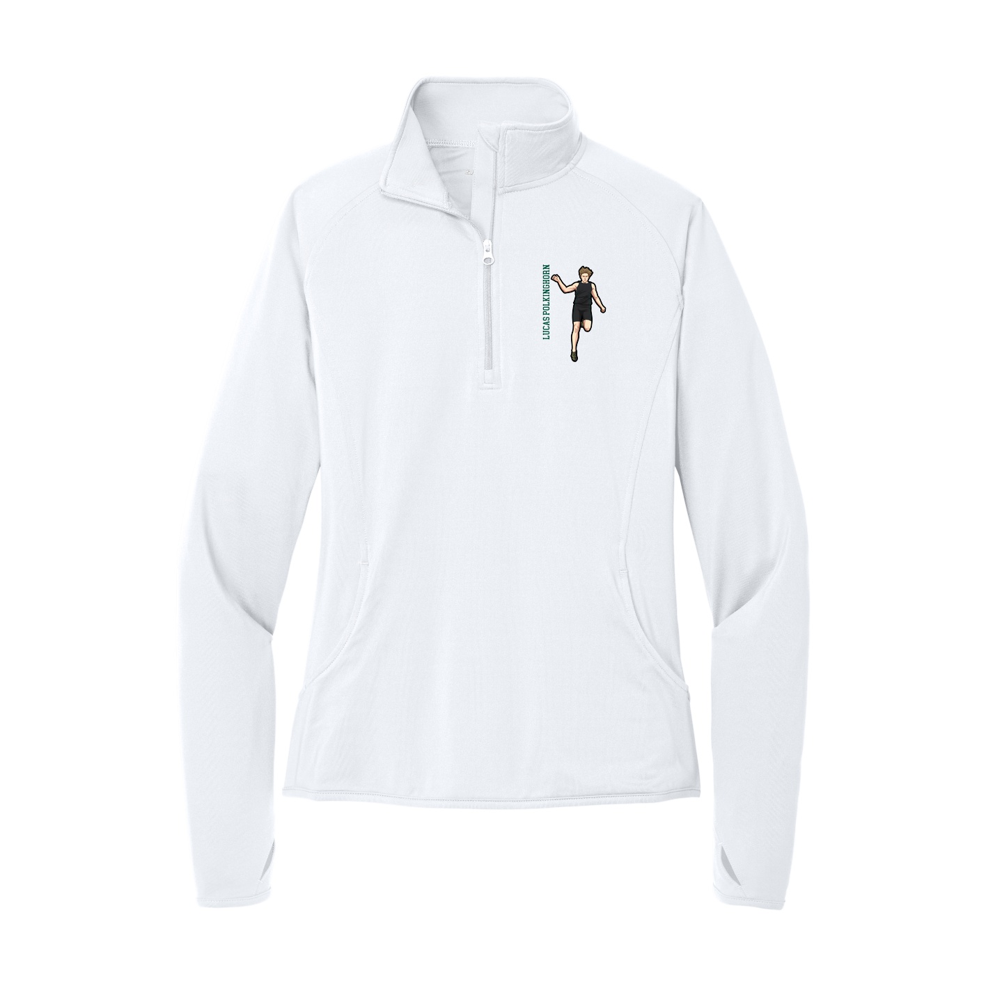 Women's Q-Zip Pullover — Name Vertical in White
