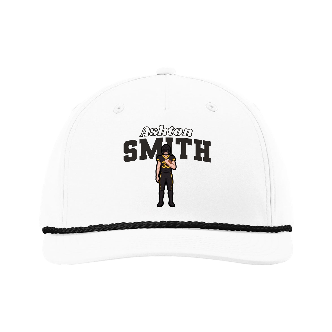 Five-Panel Classic Rope Cap — Name Arch in White