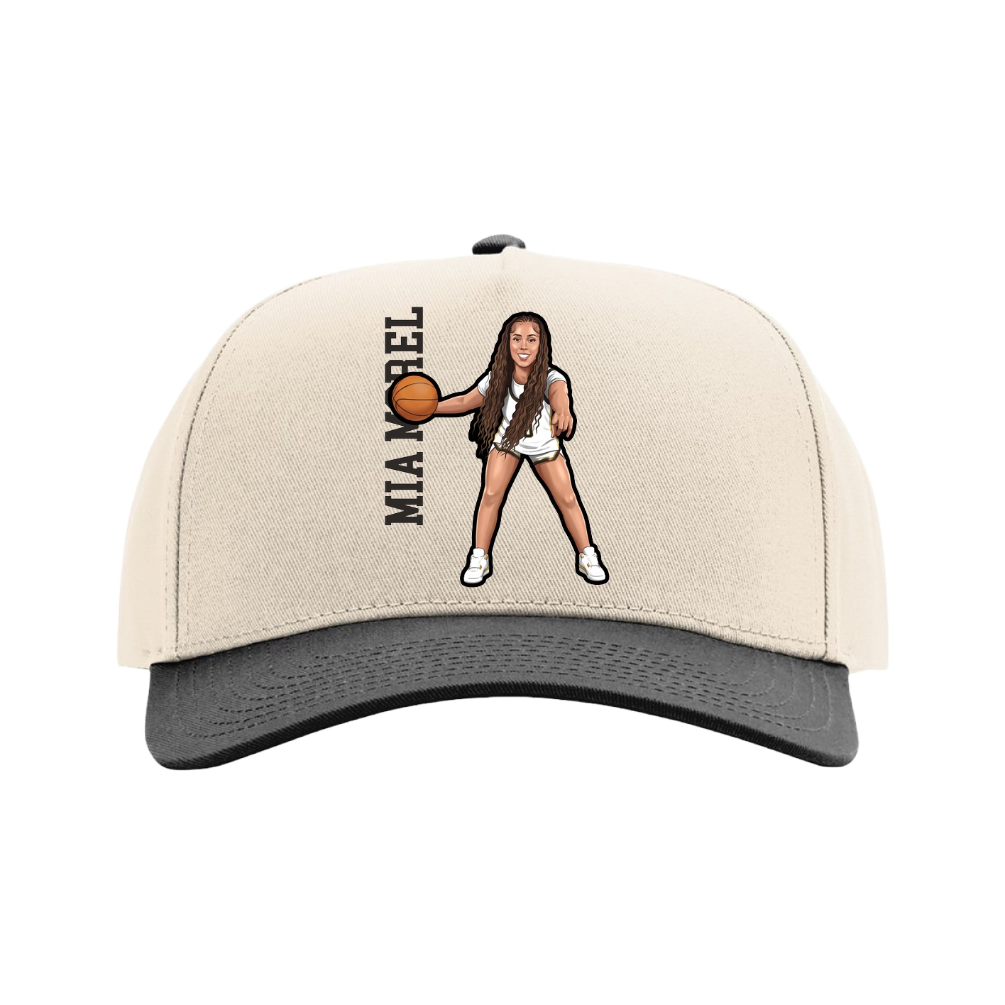 Full Fabric Five-Panel Champ Cap — Name Vertical in Cream/Black