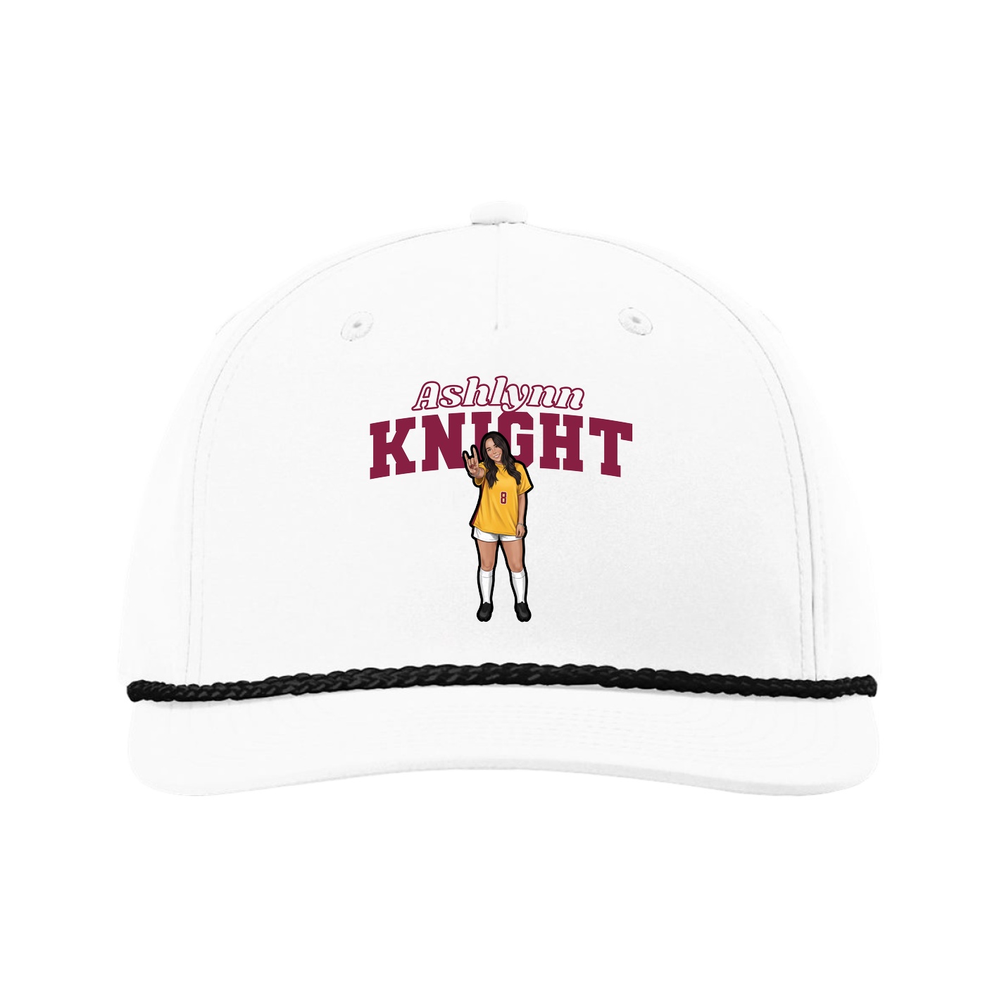Five-Panel Classic Rope Cap — Name Arch in White
