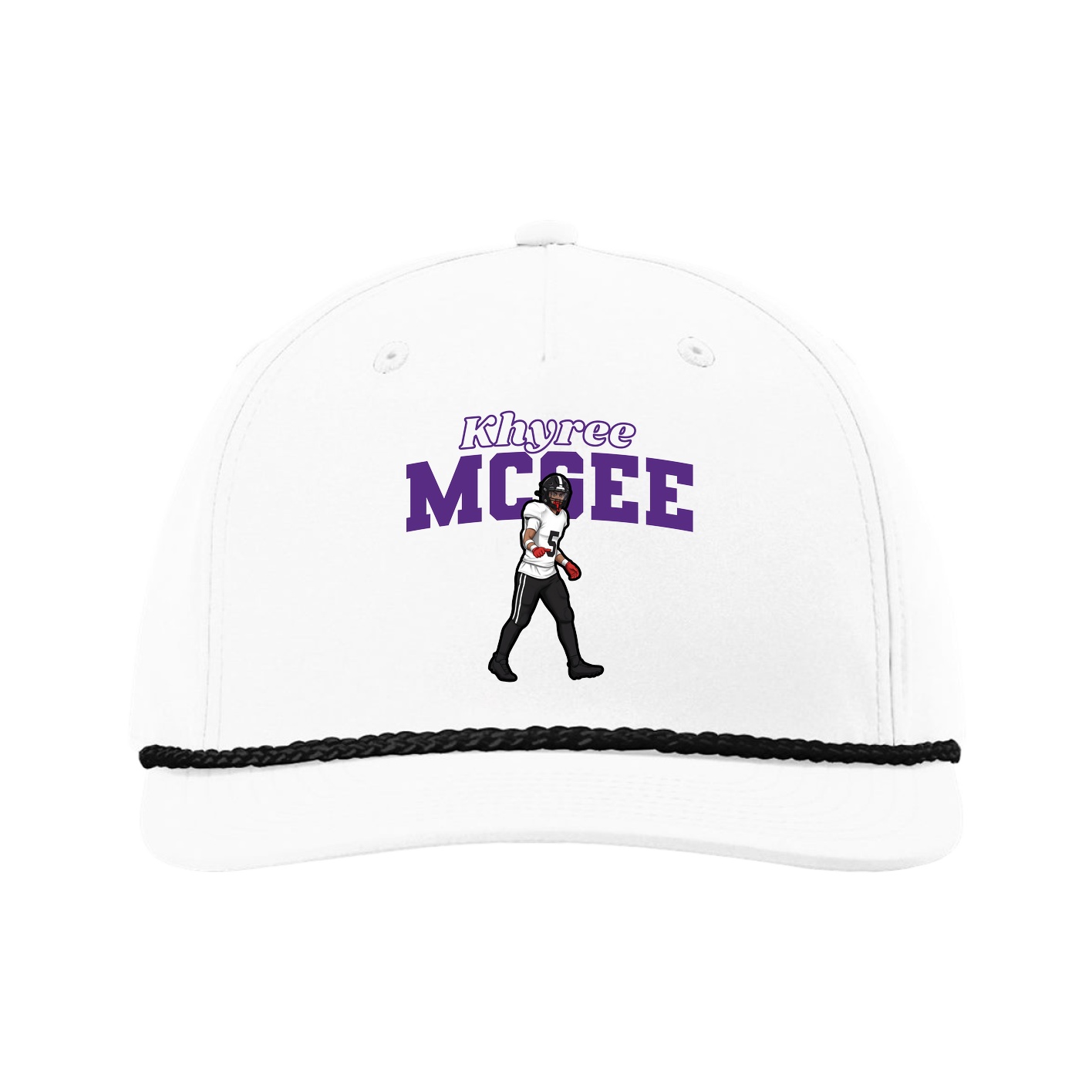 Five-Panel Classic Rope Cap — Name Arch in White