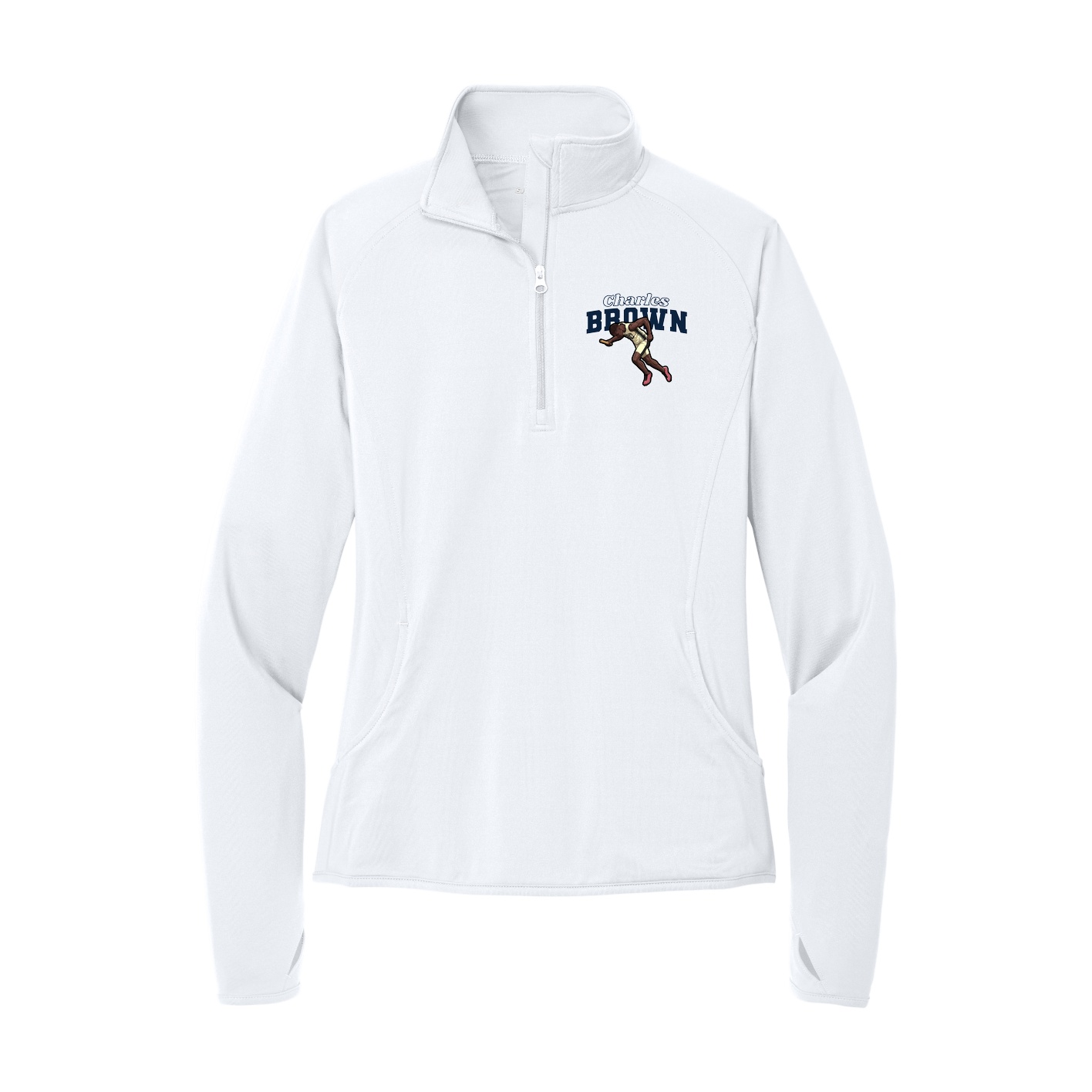 Women's Q-Zip Pullover — Name Arch in White