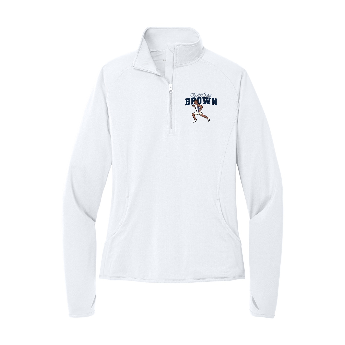 Women's Q-Zip Pullover — Name Arch in White