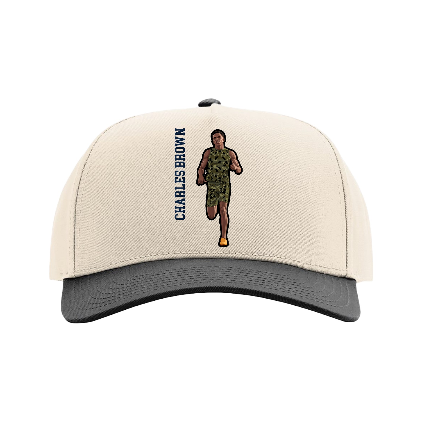 Full Fabric Five-Panel Champ Cap — Name Vertical in Cream/Black