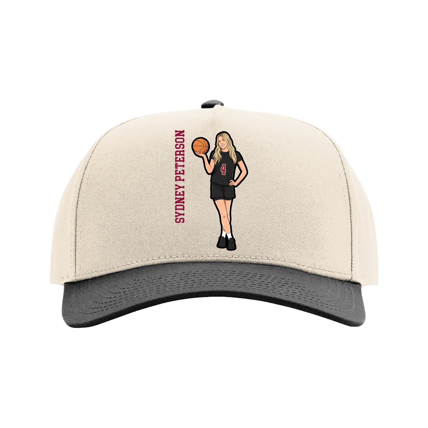Full Fabric Five-Panel Champ Cap — Name Vertical in Cream/Black