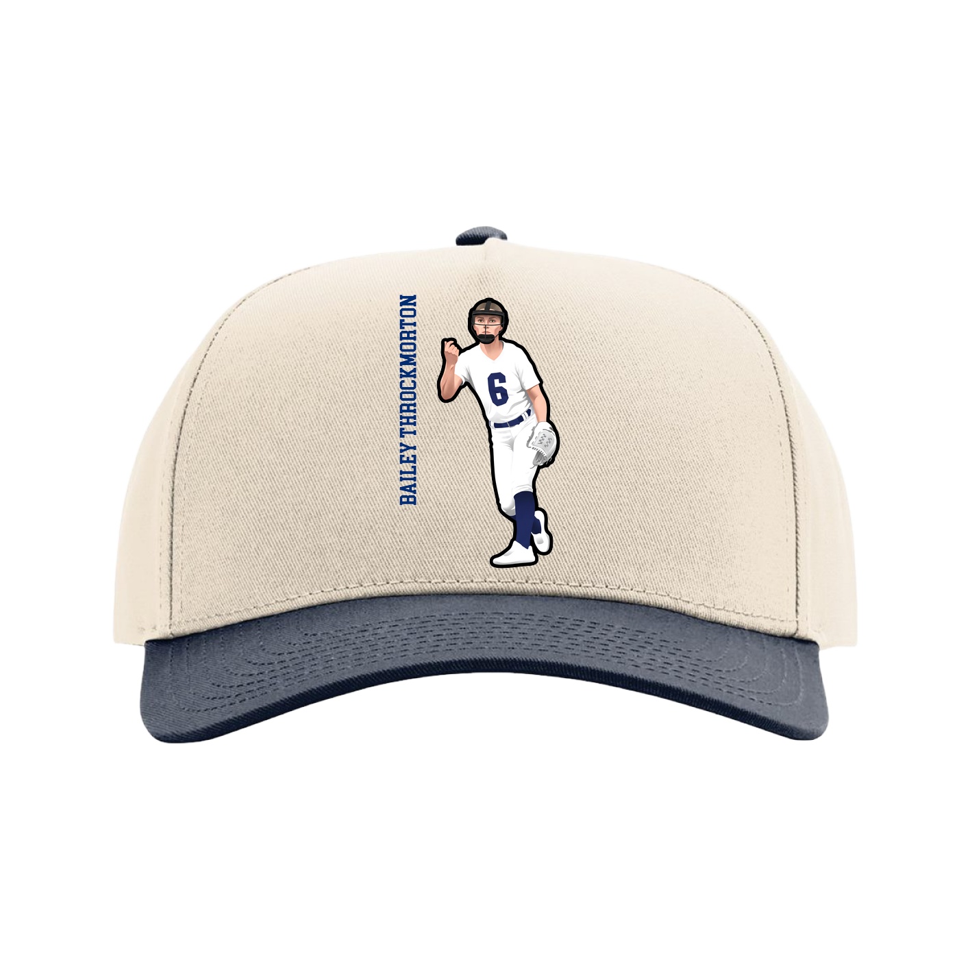Full Fabric Five-Panel Champ Cap — Name Vertical in Cream/Navy