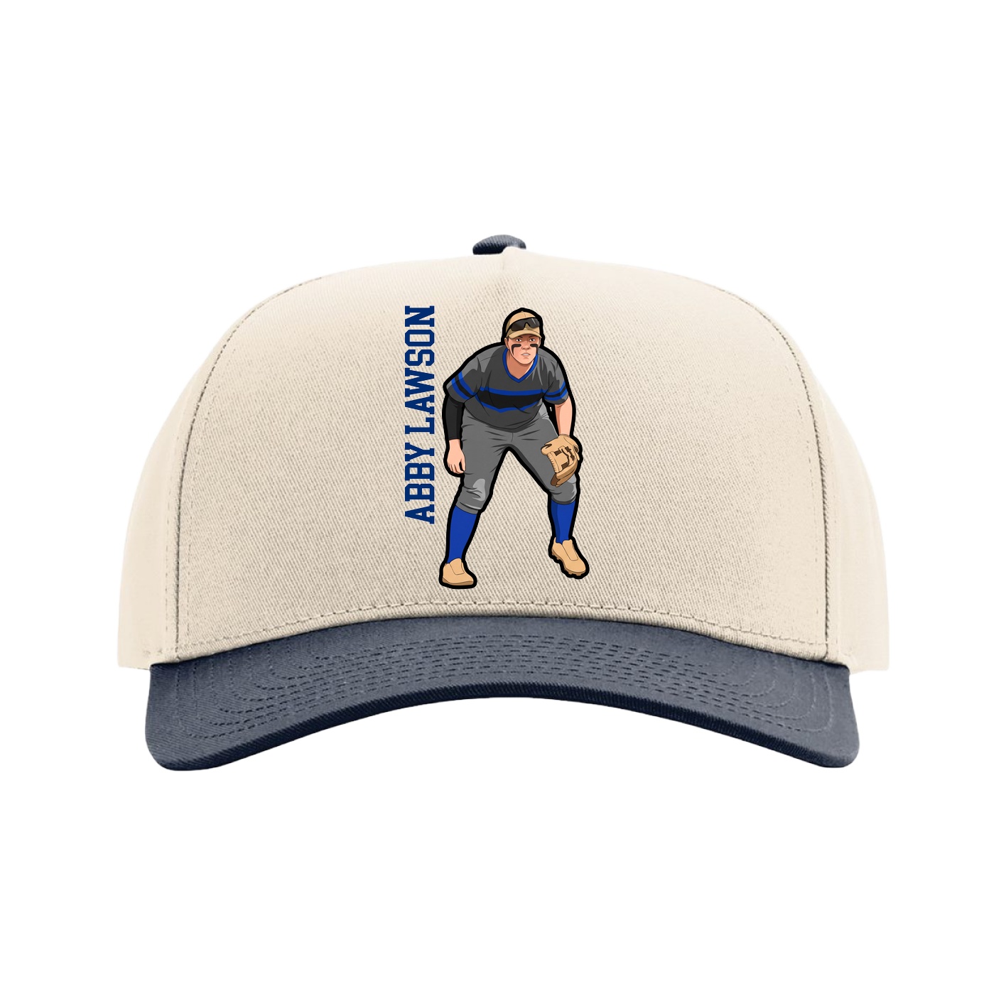 Full Fabric Five-Panel Champ Cap — Name Vertical in Cream/Navy