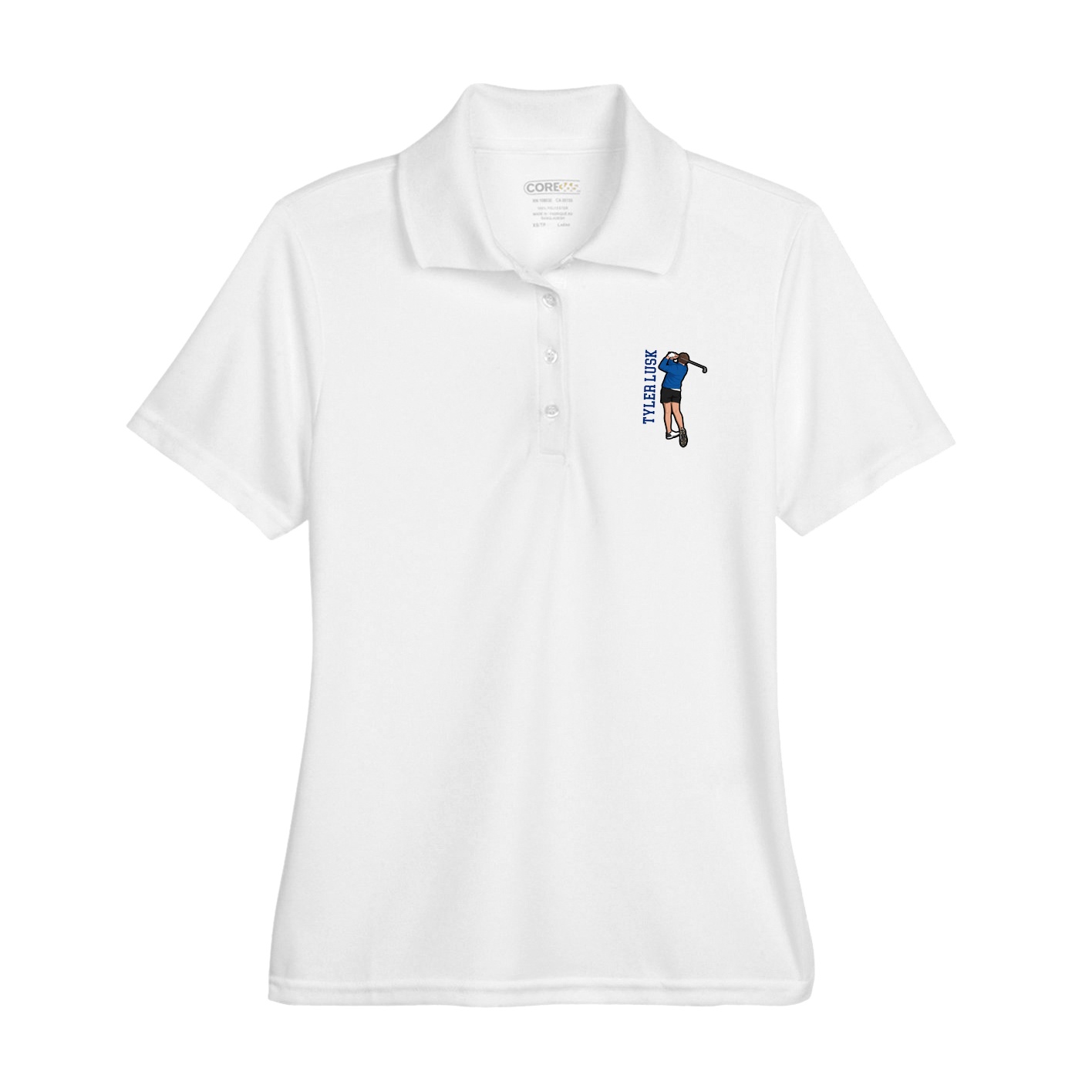 Womens Performance Polo — Name Vertical in White