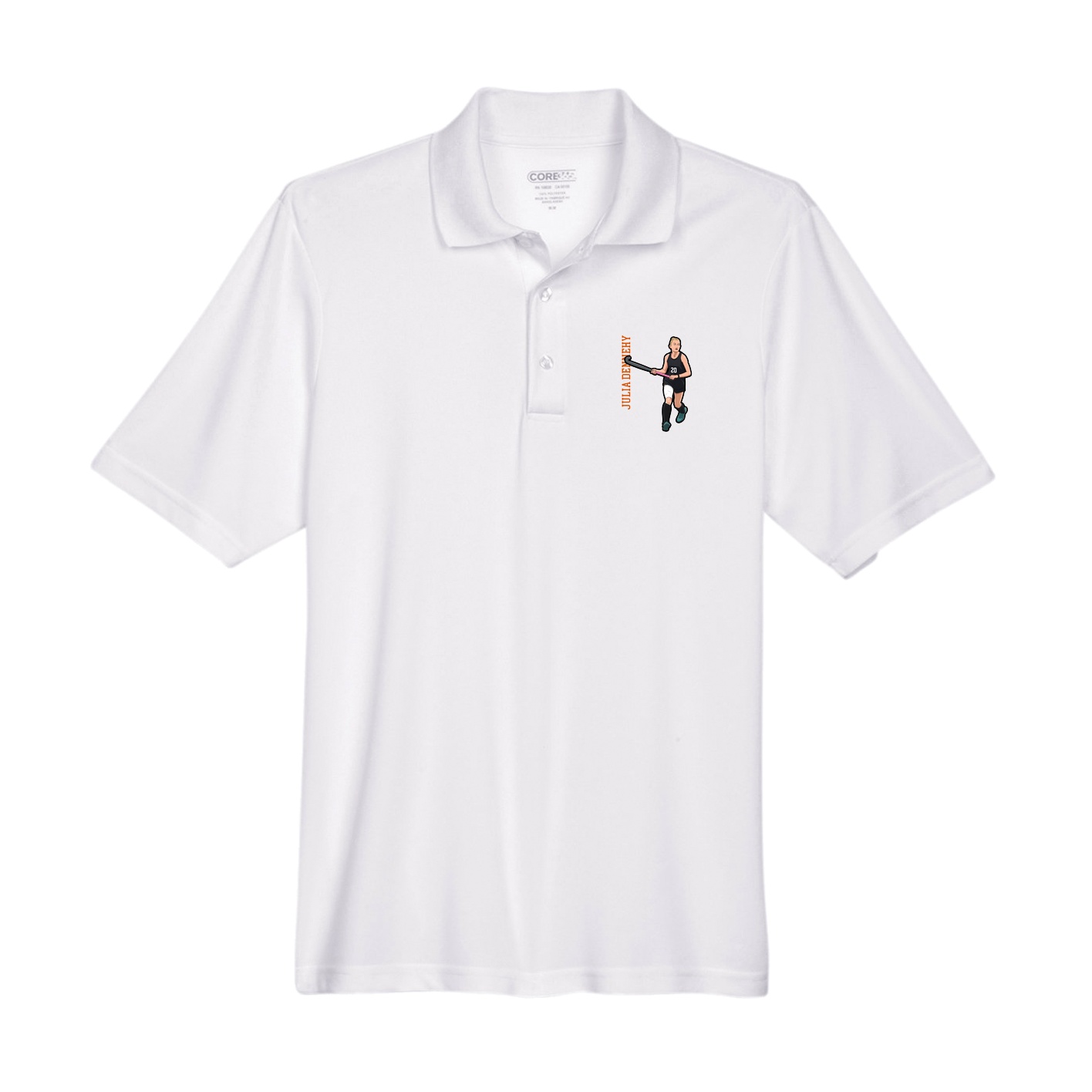 Performance Polo — Name Vertical in White