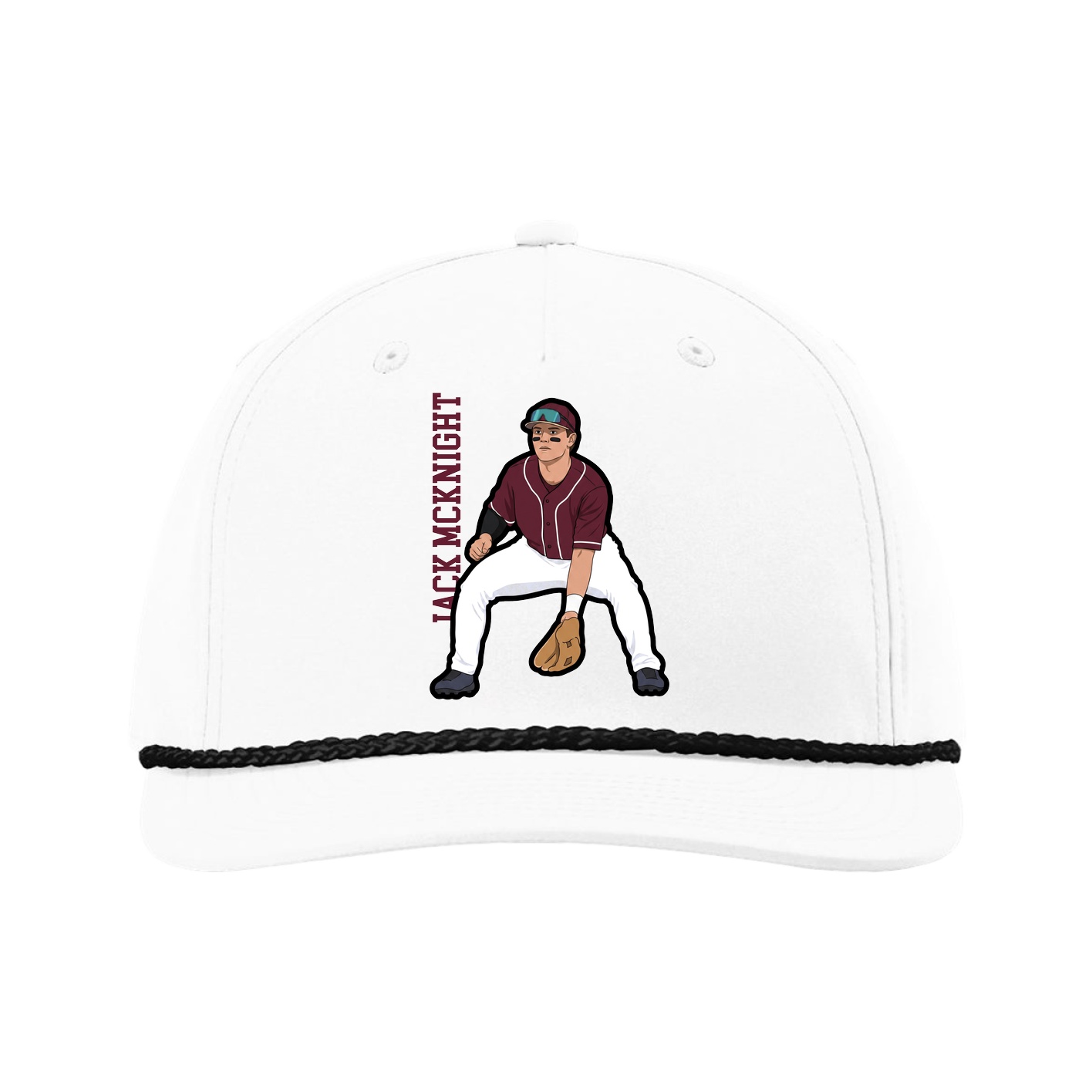 Five-Panel Classic Rope Cap — Name Vertical in White