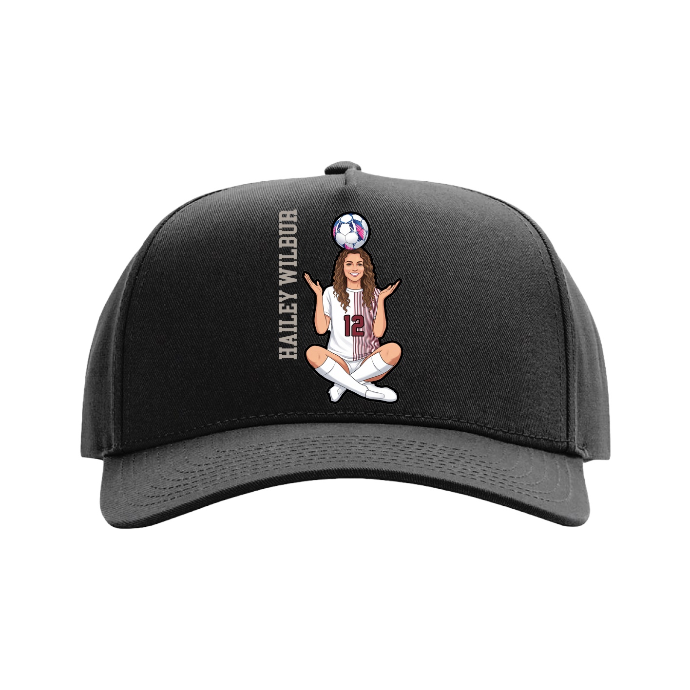 Full Fabric Five-Panel Champ Cap — Name Vertical in Black