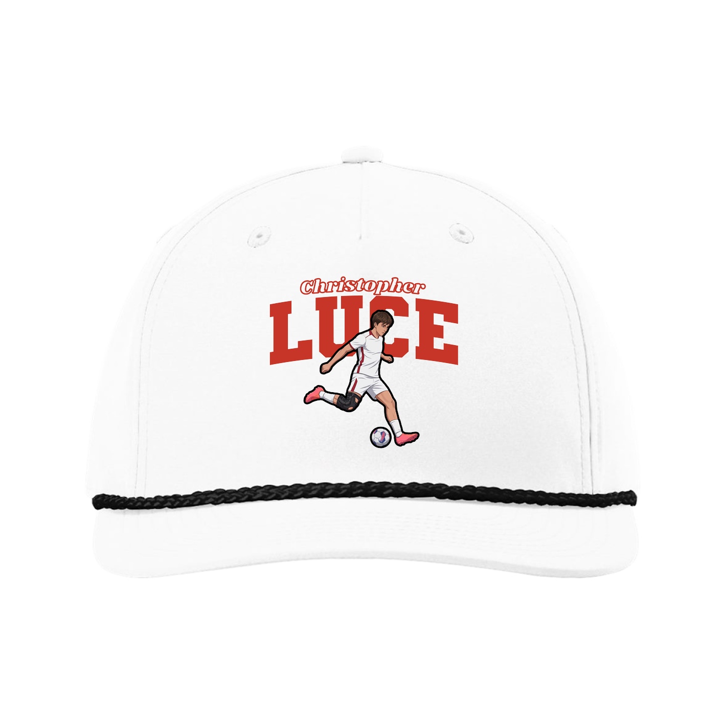 Five-Panel Classic Rope Cap — Name Arch in White