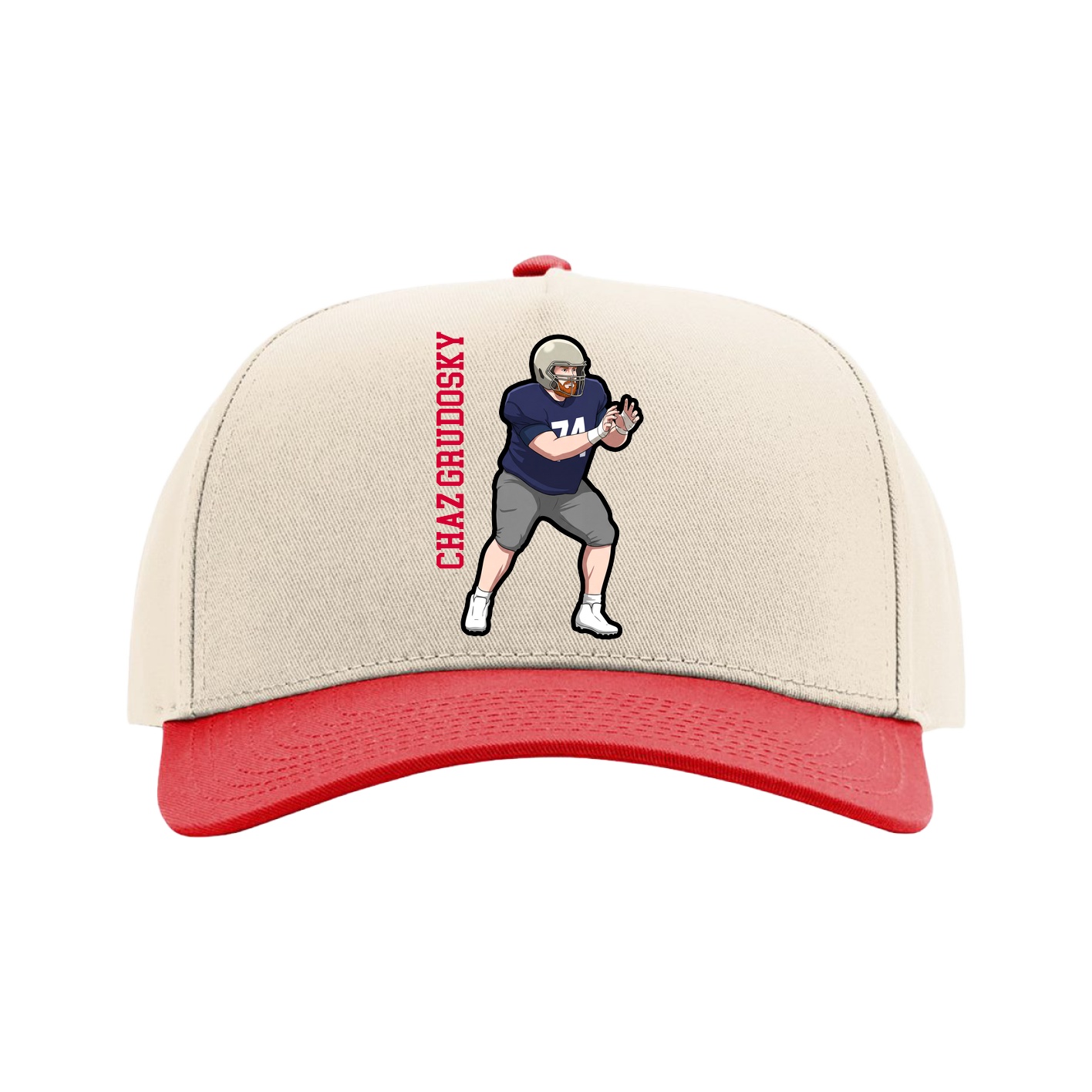 Full Fabric Five-Panel Champ Cap — Name Vertical in Cream/Red