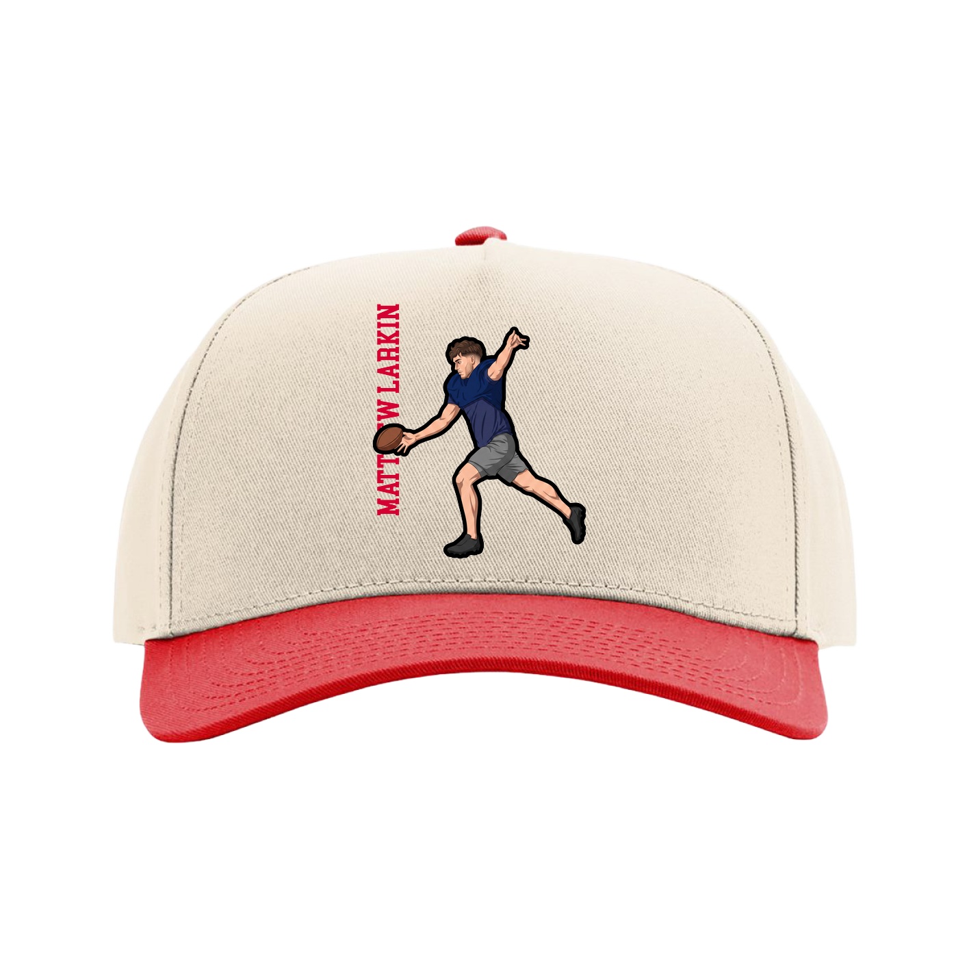 Full Fabric Five-Panel Champ Cap — Name Vertical in Cream/Red