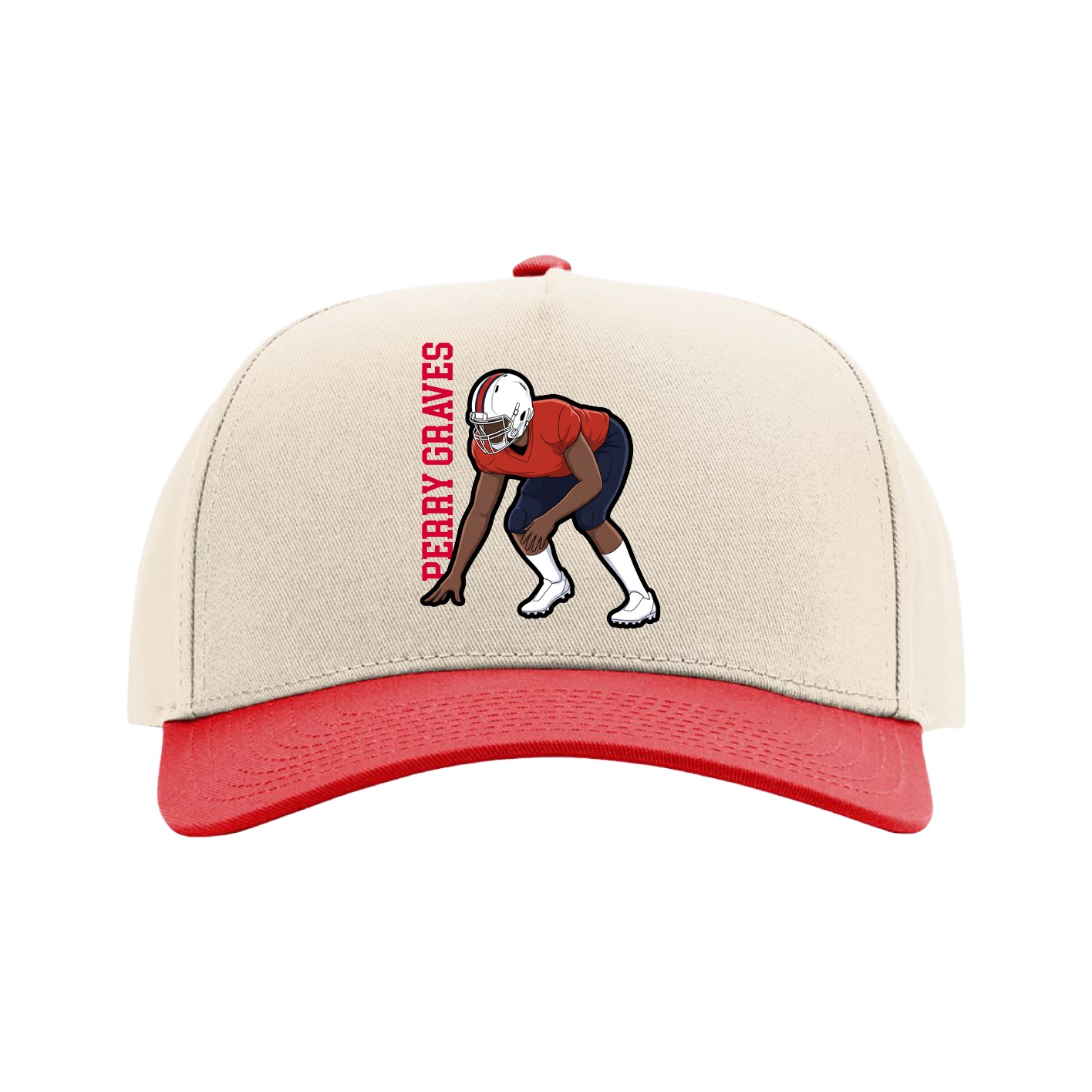 Full Fabric Five-Panel Champ Cap — Name Vertical in Cream/Red
