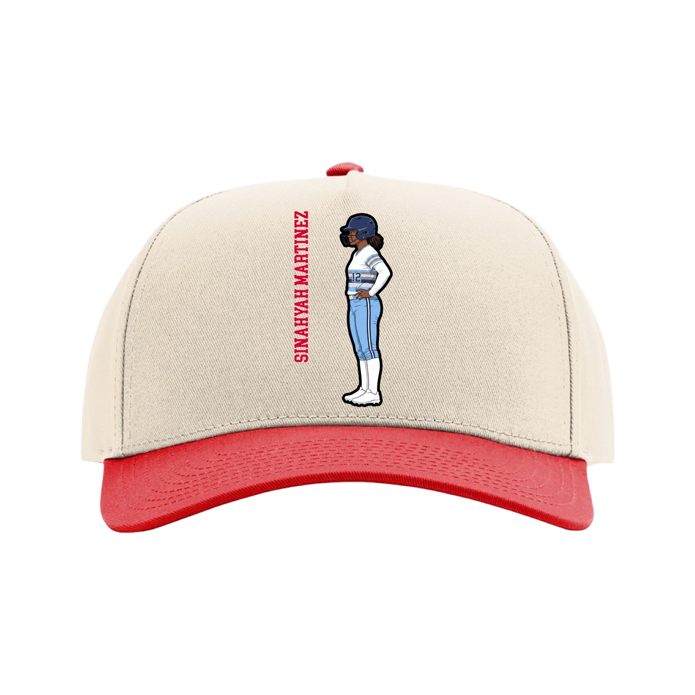 Full Fabric Five-Panel Champ Cap — Name Vertical in Cream/Red